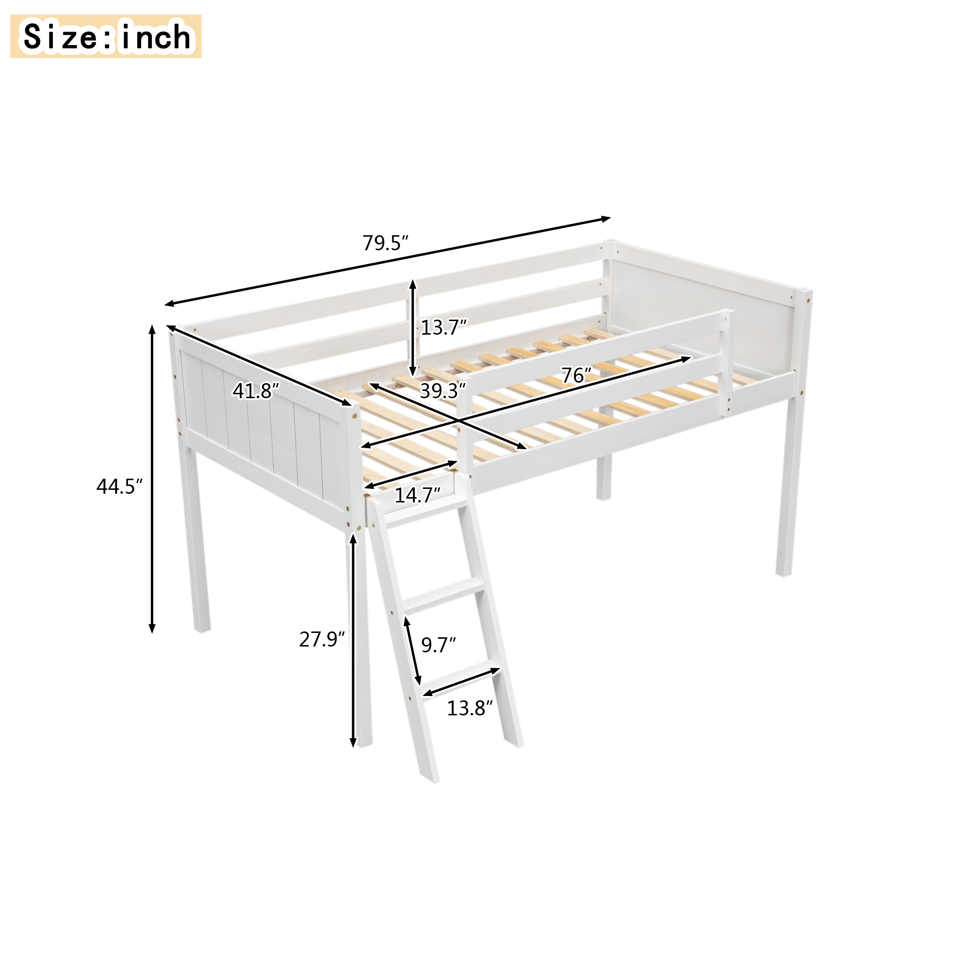 Twin Size Wood Low Loft Bed with Ladder, ladder can be placed on the left or right, Gray/White 