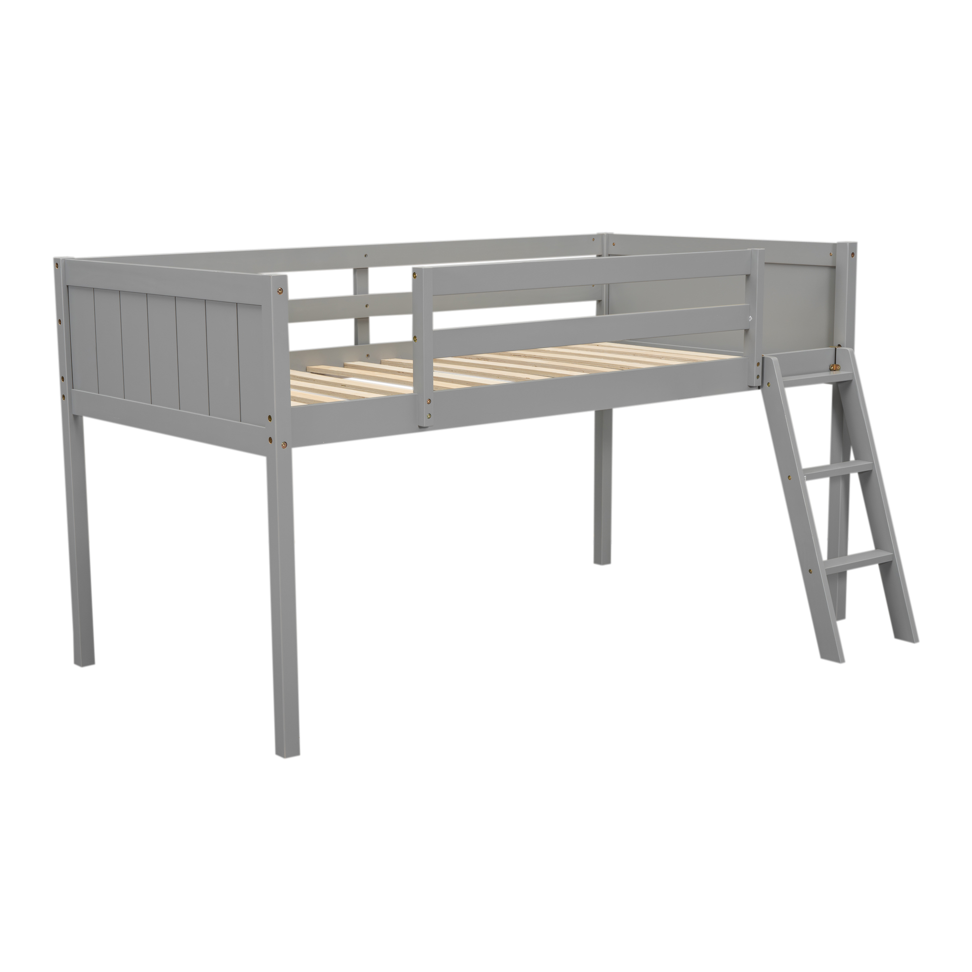 Twin Size Wood Low Loft Bed with Ladder, ladder can be placed on the left or right, Gray/White 