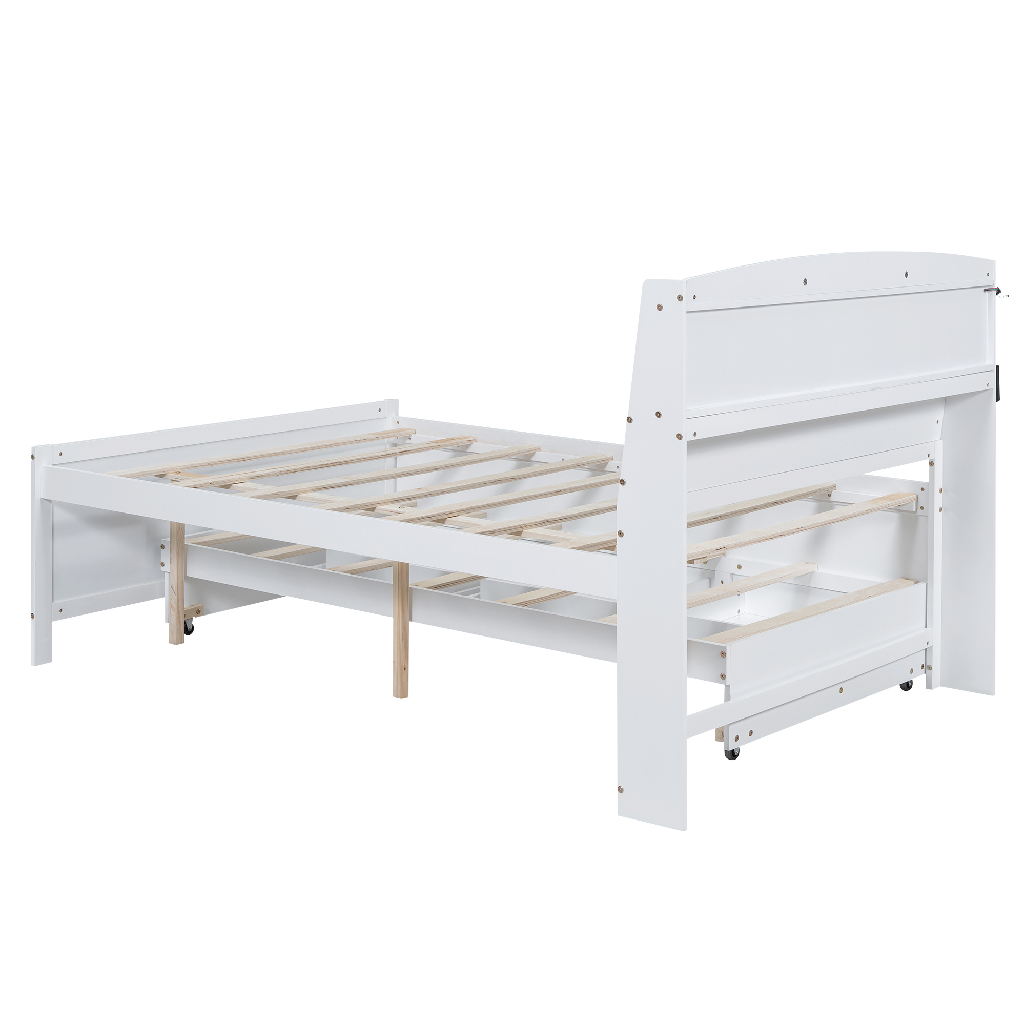 Full Size Platform Bed with Storage LED Headboard, Twin Size Trundle and 3 Drawers, White 