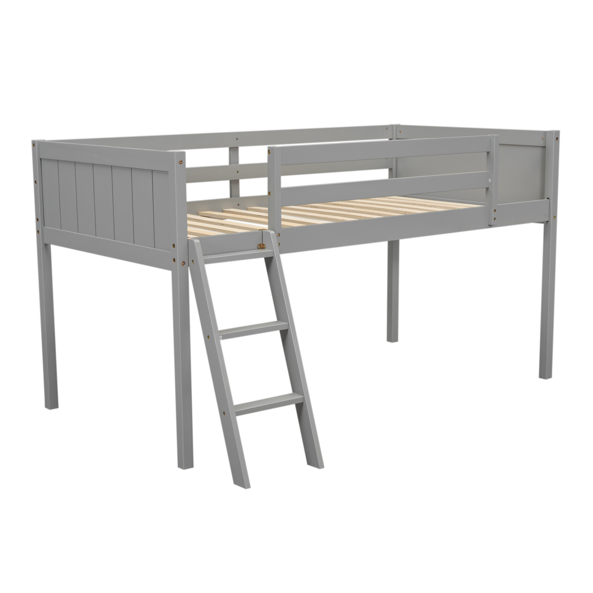 Twin Size Wood Low Loft Bed with Ladder, ladder can be placed on the left or right, Gray/White 