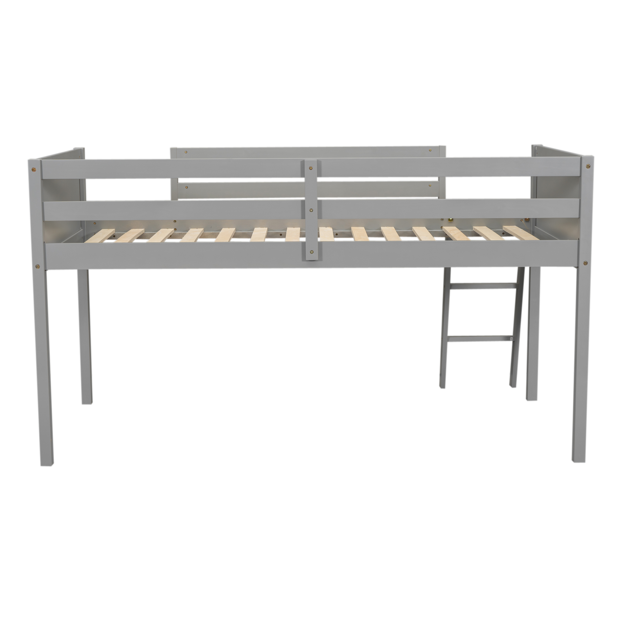 Twin Size Wood Low Loft Bed with Ladder, ladder can be placed on the left or right, Gray/White 