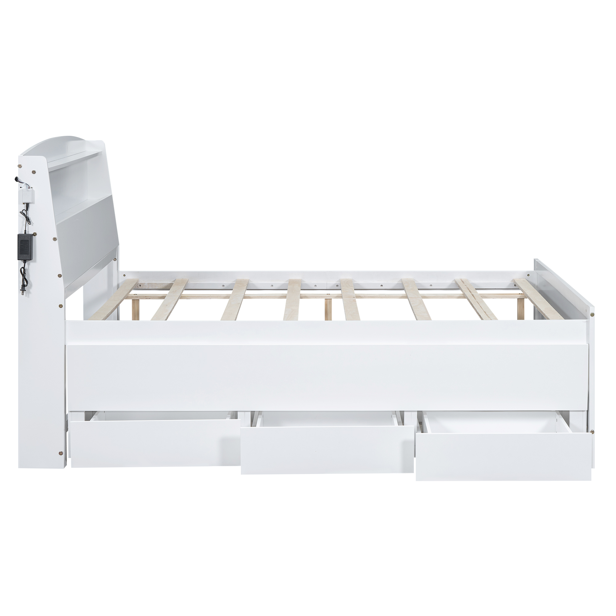Full Size Platform Bed with Storage LED Headboard, Twin Size Trundle and 3 Drawers, White 