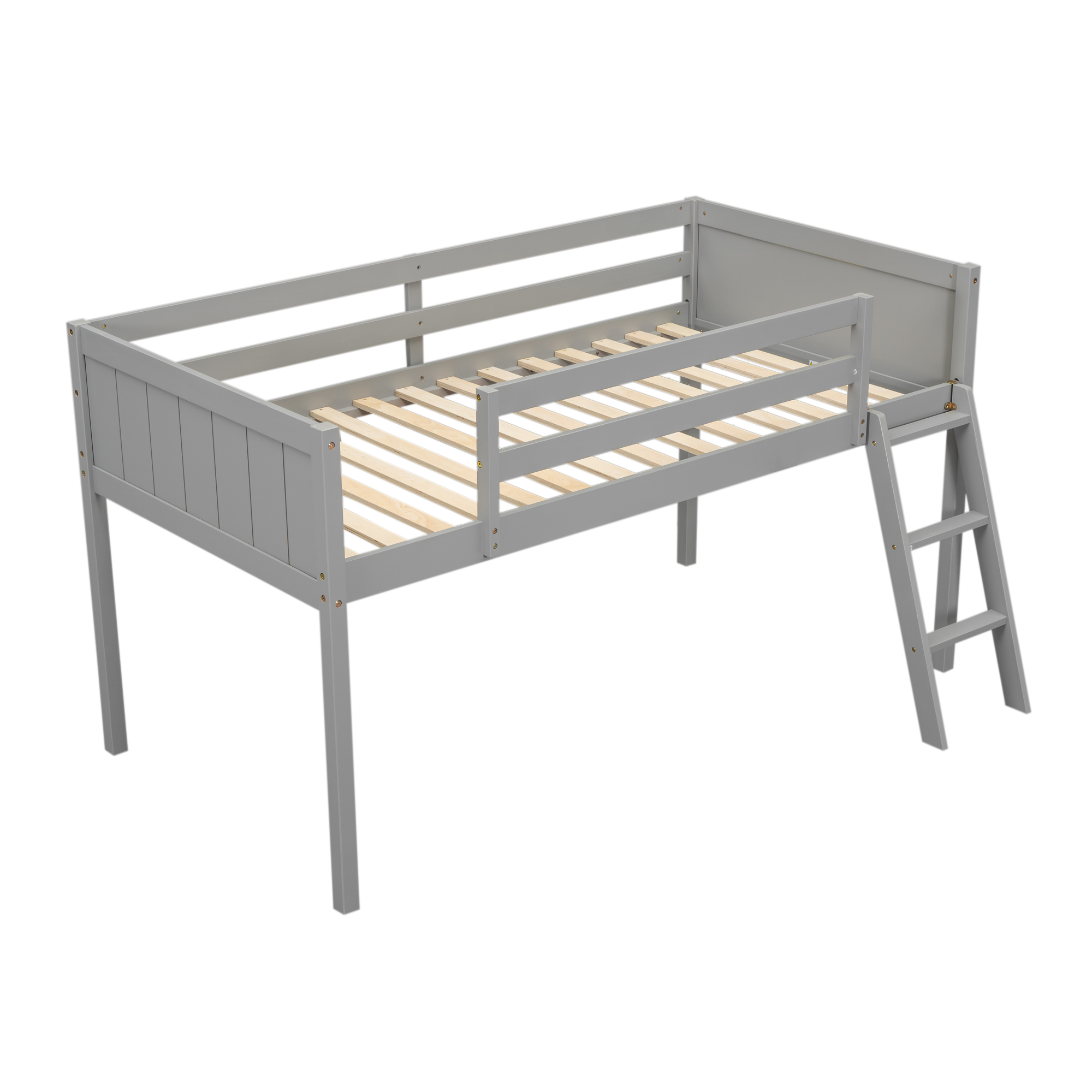 Twin Size Wood Low Loft Bed with Ladder, ladder can be placed on the left or right, Gray/White 