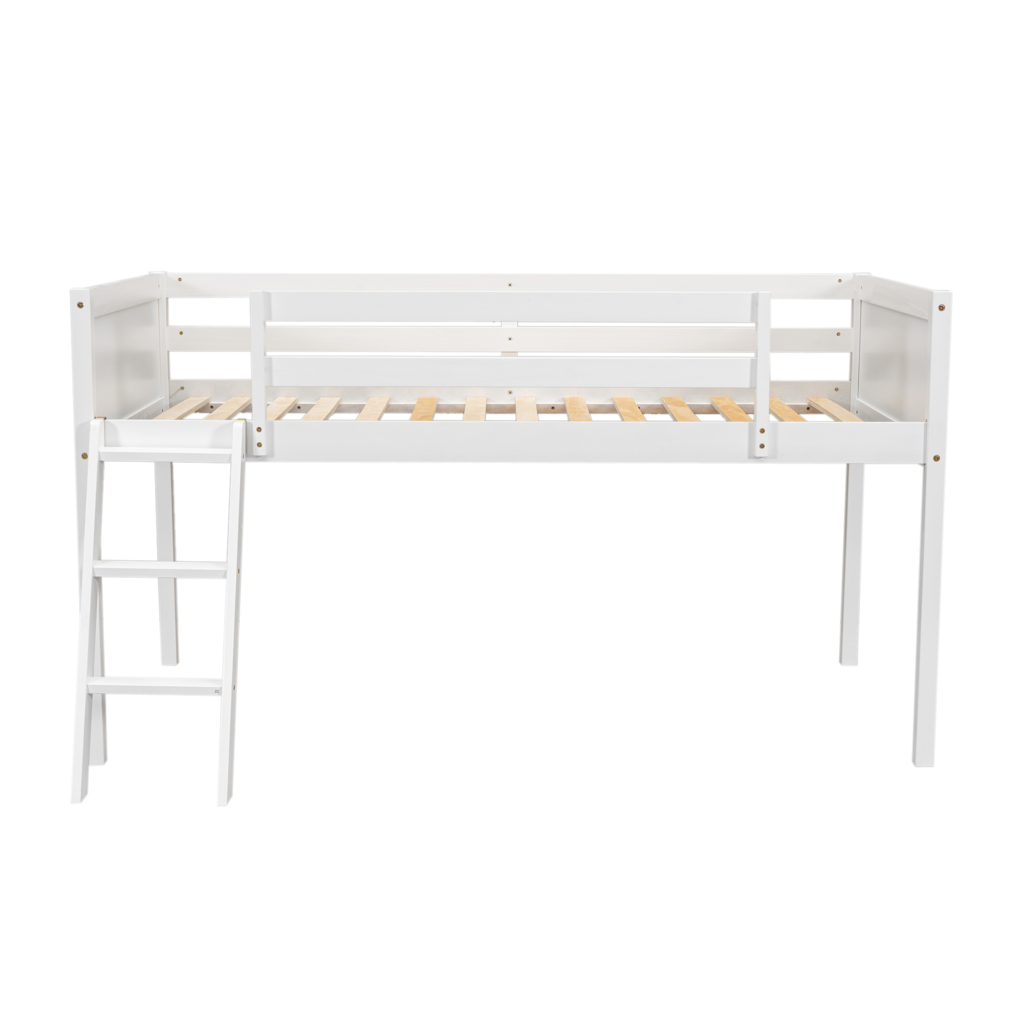Twin Size Wood Low Loft Bed with Ladder, ladder can be placed on the left or right, Gray/White 