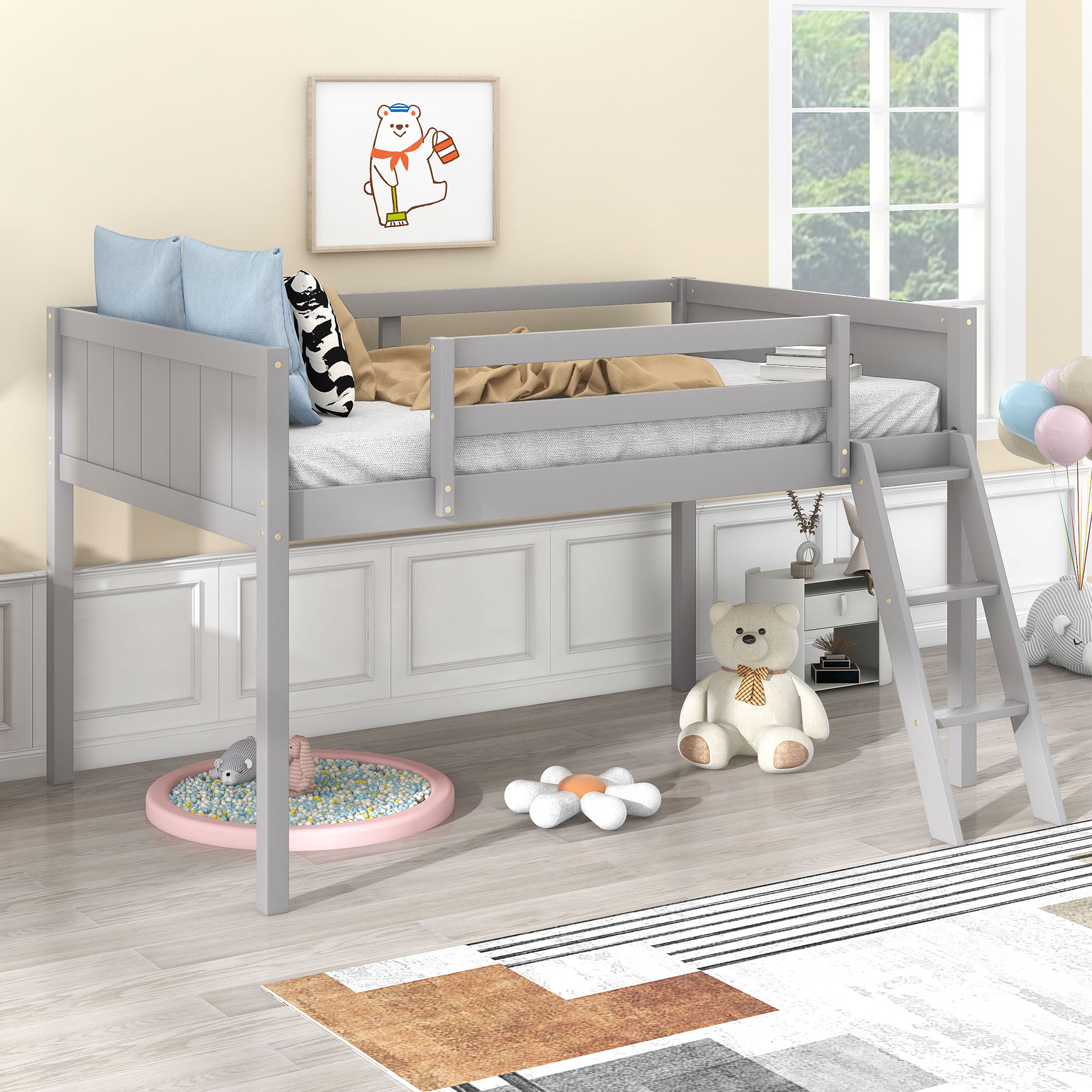 Twin Size Wood Low Loft Bed with Ladder, ladder can be placed on the left or right, Gray/White 