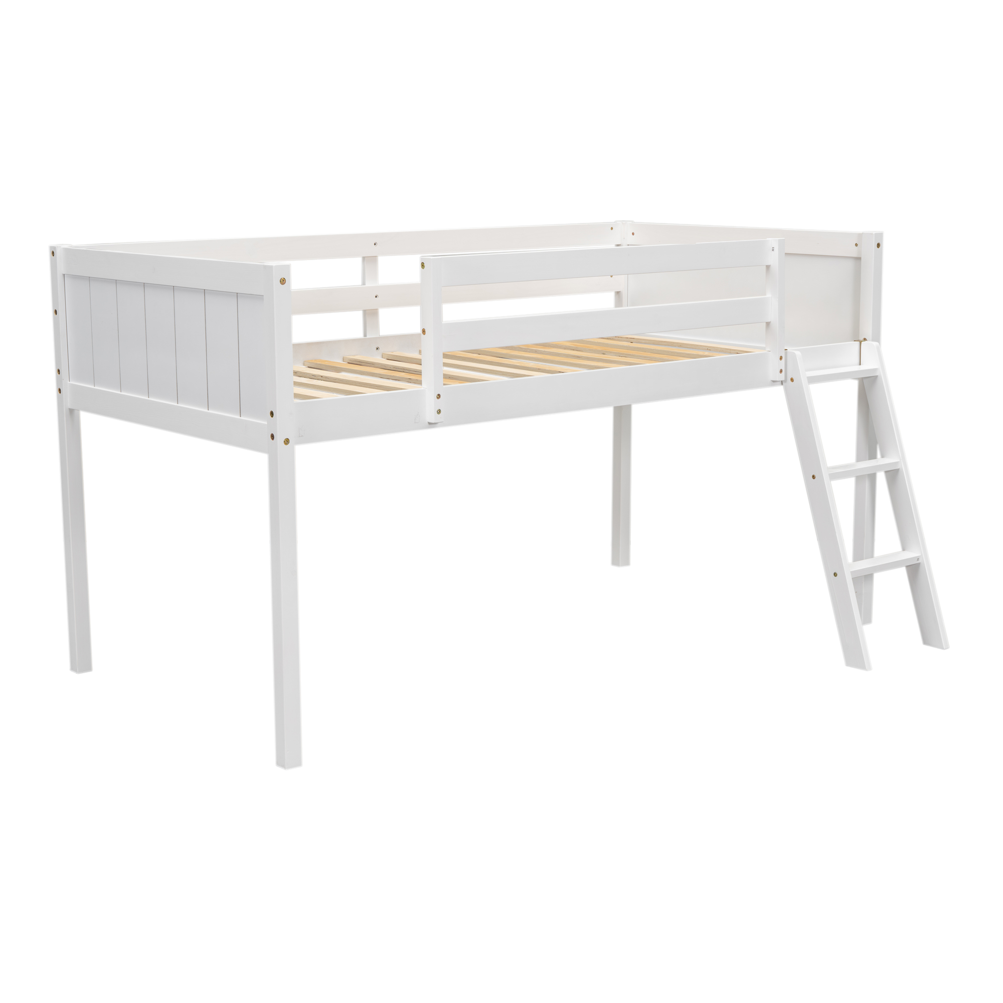 Twin Size Wood Low Loft Bed with Ladder, ladder can be placed on the left or right, Gray/White 