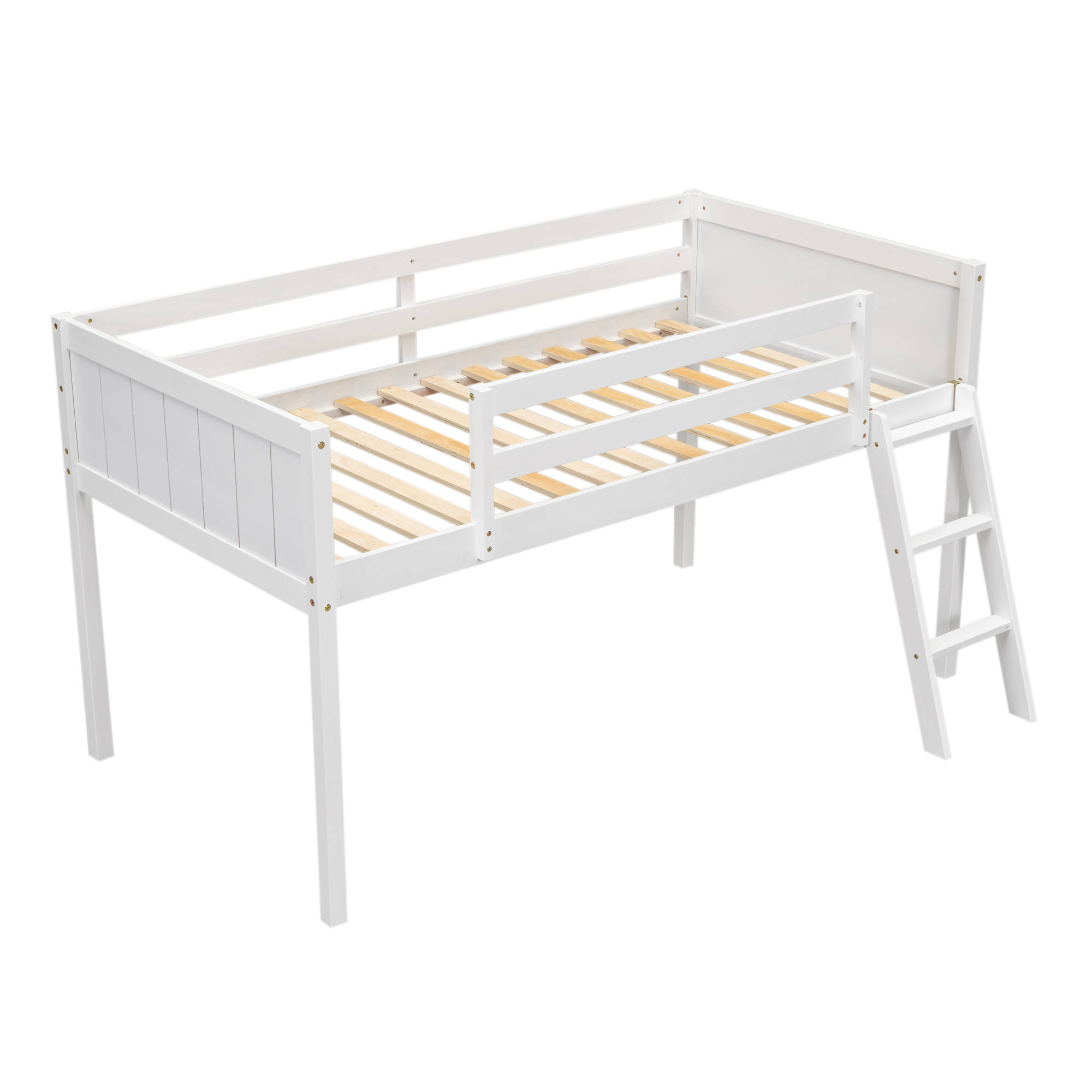 Twin Size Wood Low Loft Bed with Ladder, ladder can be placed on the left or right, Gray/White 