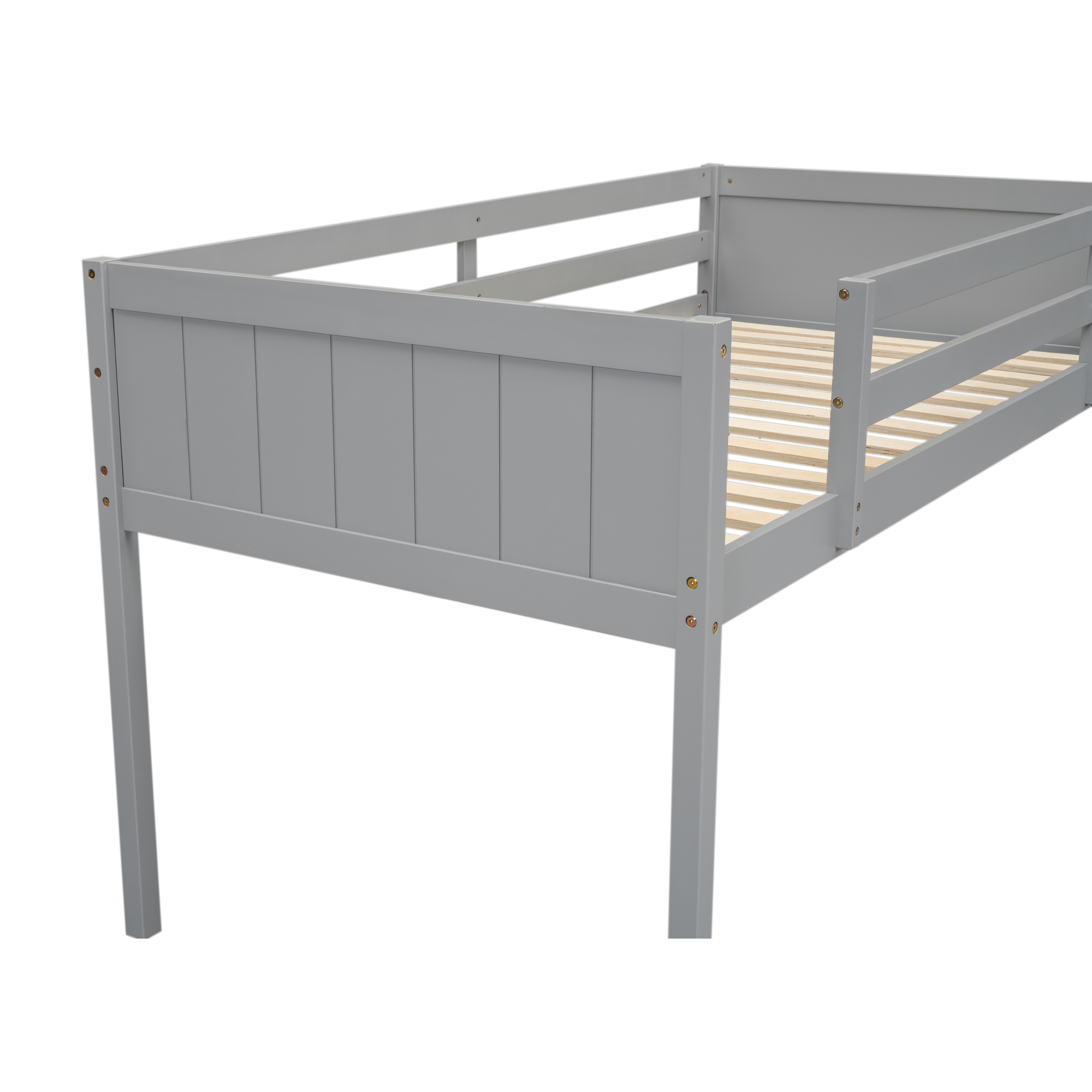 Twin Size Wood Low Loft Bed with Ladder, ladder can be placed on the left or right, Gray/White 