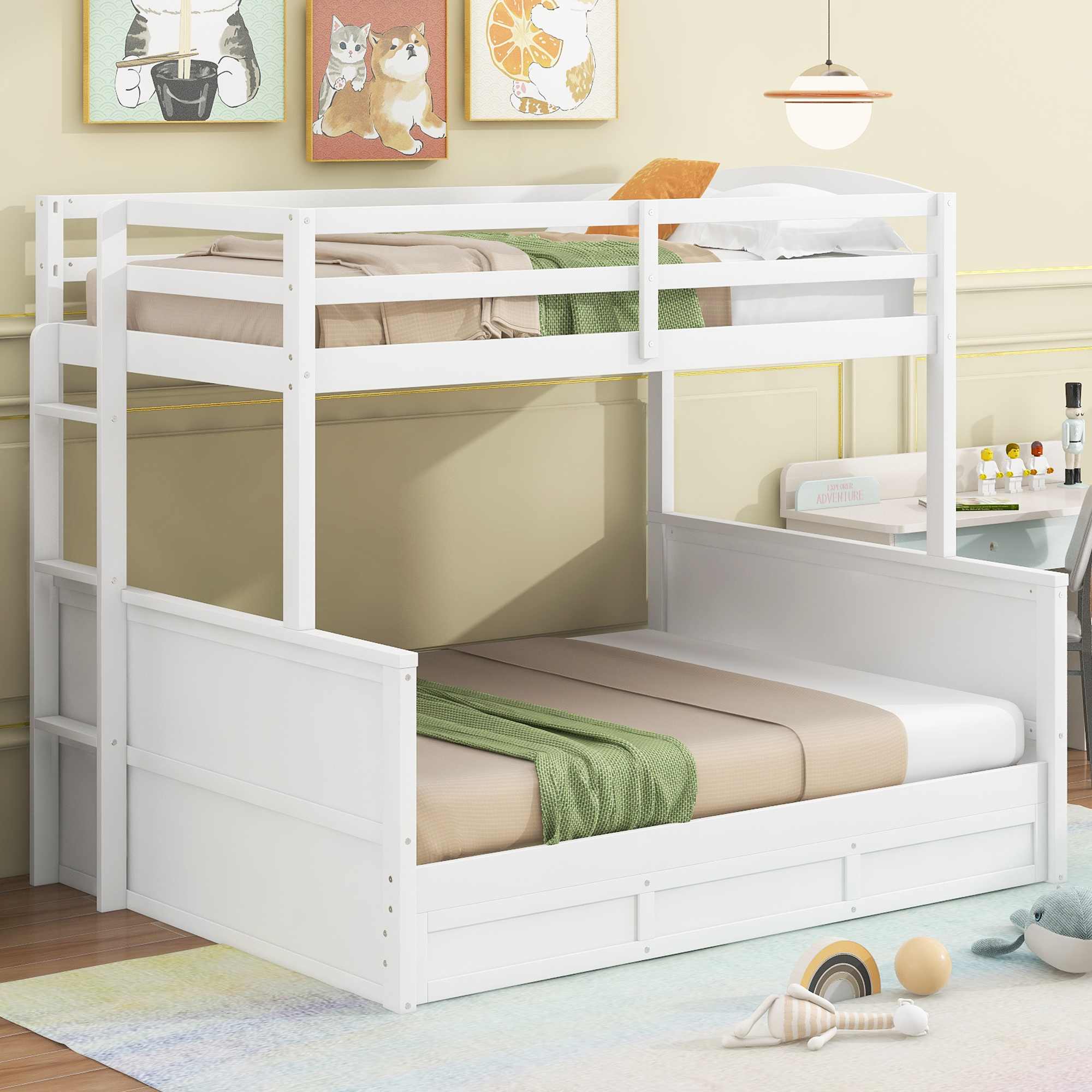 Wood Twin over Full Bunk Bed with Hydraulic Lift Up Storage, White 