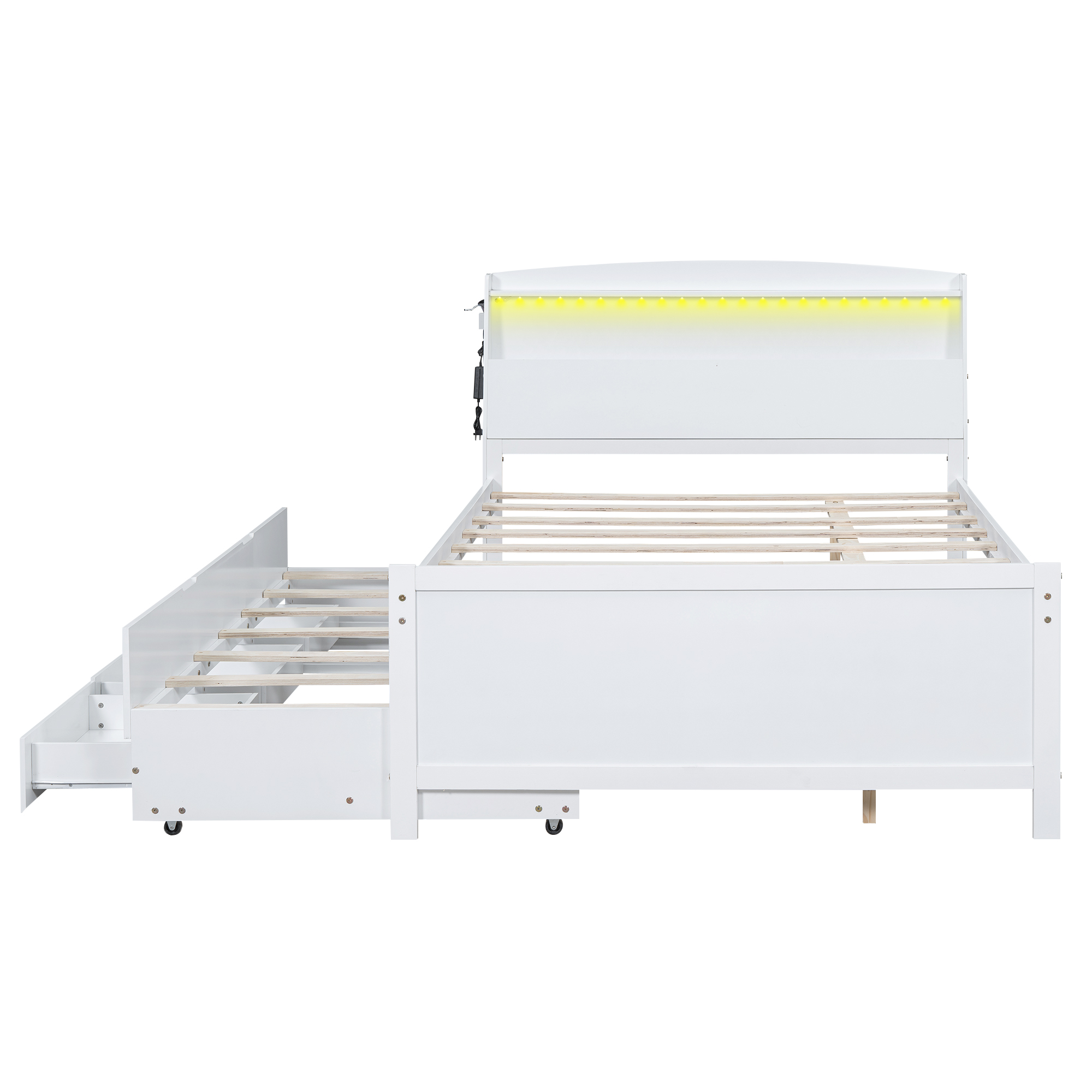 Full Size Platform Bed with Storage LED Headboard, Twin Size Trundle and 3 Drawers, White 