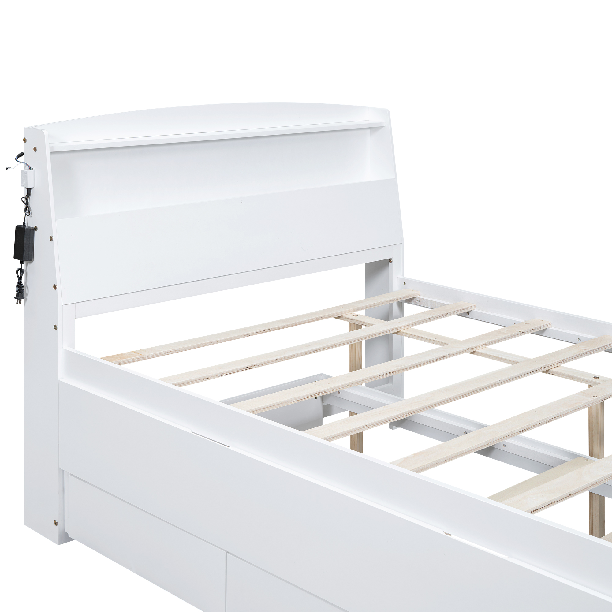 Full Size Platform Bed with Storage LED Headboard, Twin Size Trundle and 3 Drawers, White 
