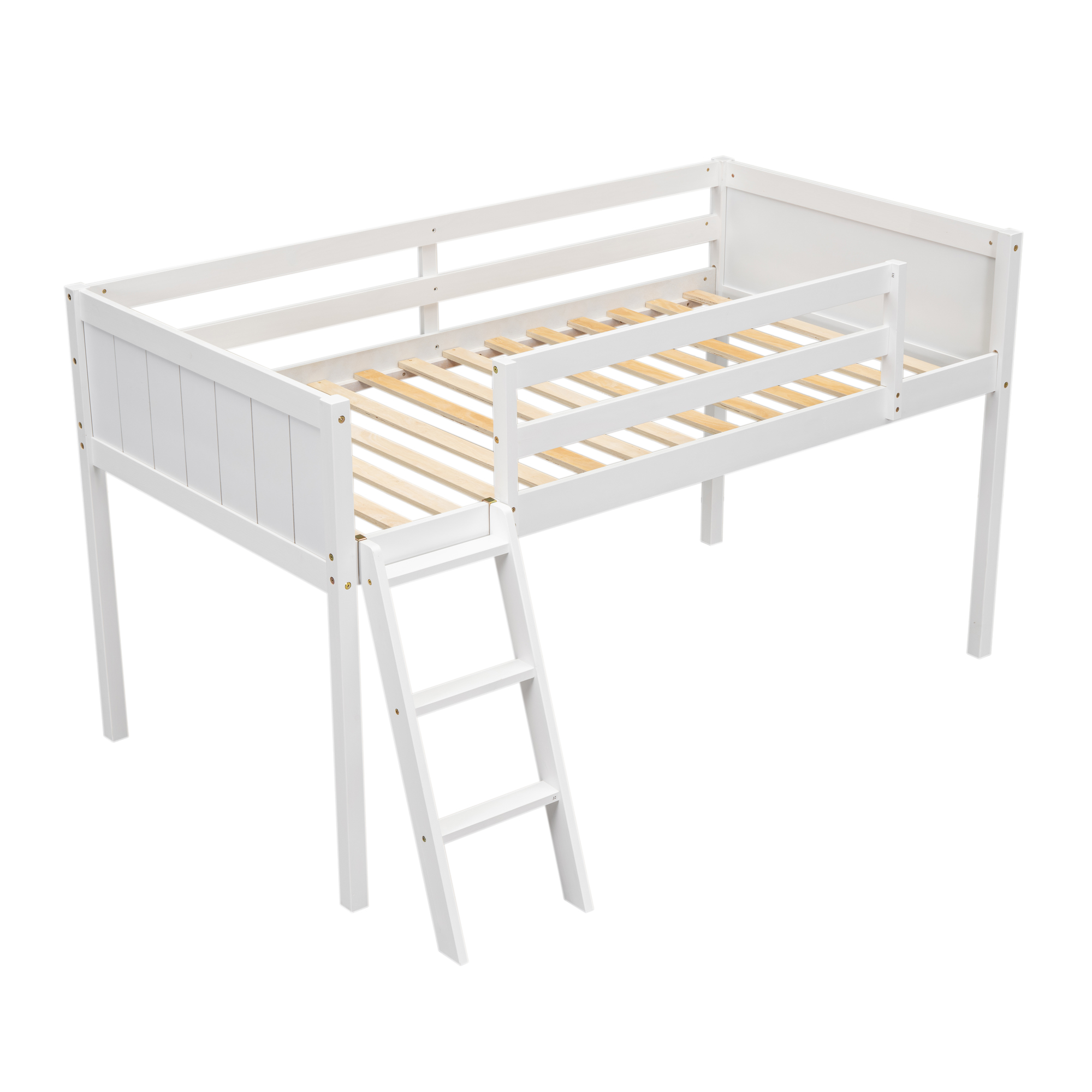 Twin Size Wood Low Loft Bed with Ladder, ladder can be placed on the left or right, Gray/White 