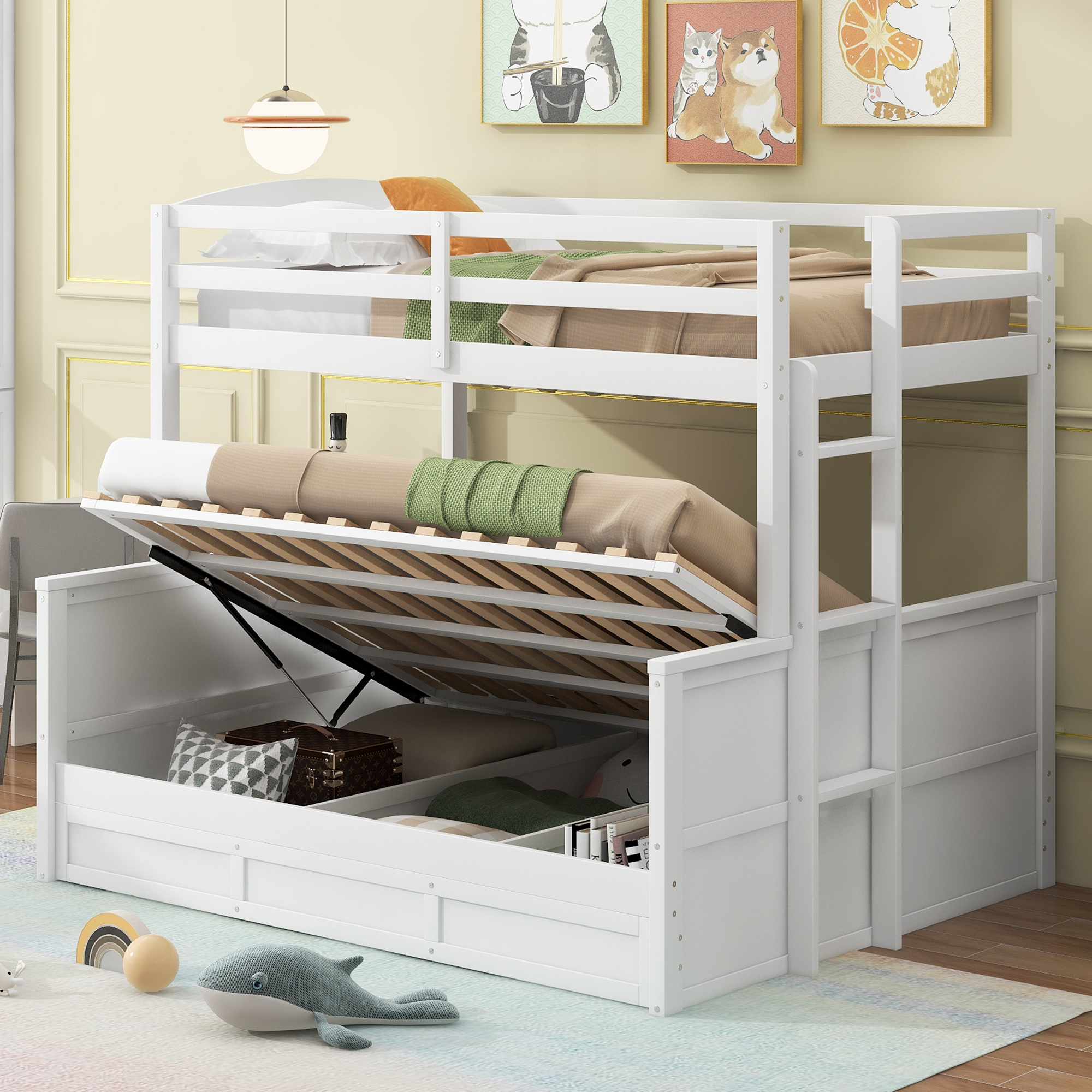 Wood Twin over Full Bunk Bed with Hydraulic Lift Up Storage, White 