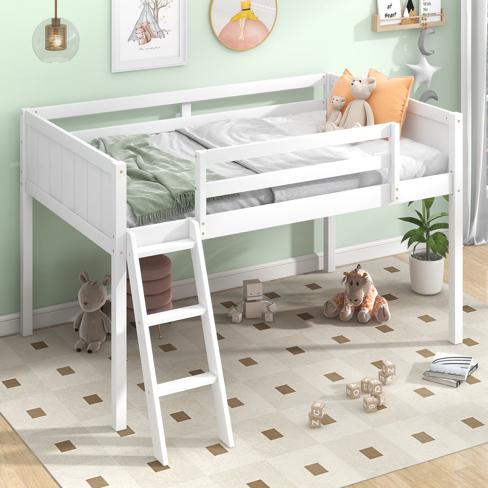 Twin Size Wood Low Loft Bed with Ladder, ladder can be placed on the left or right, Gray/White 