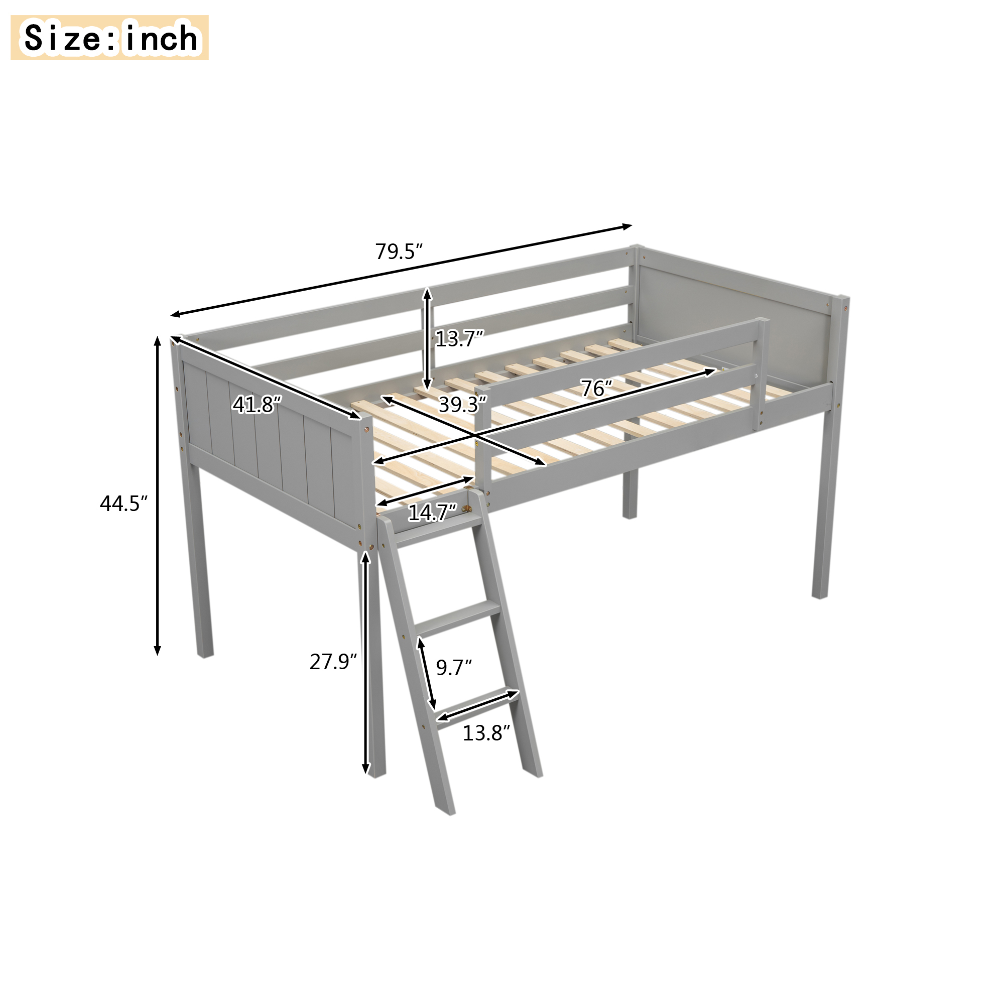 Twin Size Wood Low Loft Bed with Ladder, ladder can be placed on the left or right, Gray/White 