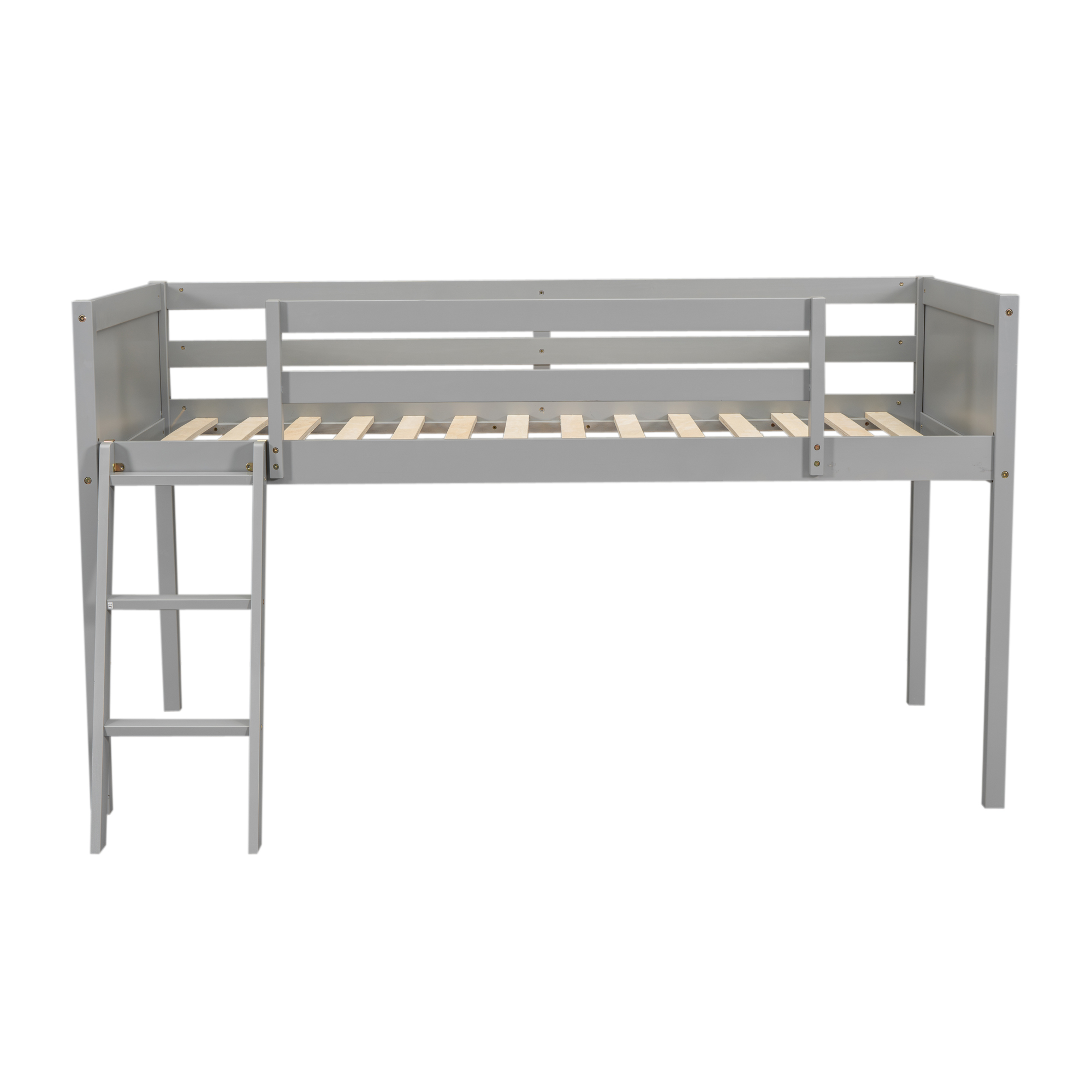 Twin Size Wood Low Loft Bed with Ladder, ladder can be placed on the left or right, Gray/White 