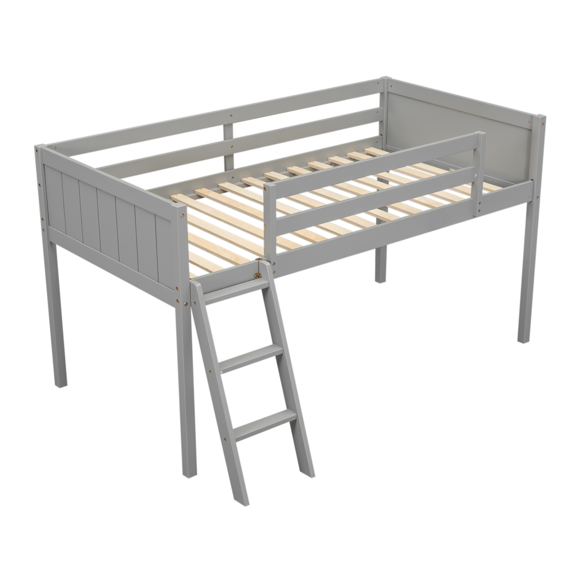 Twin Size Wood Low Loft Bed with Ladder, ladder can be placed on the left or right, Gray/White 