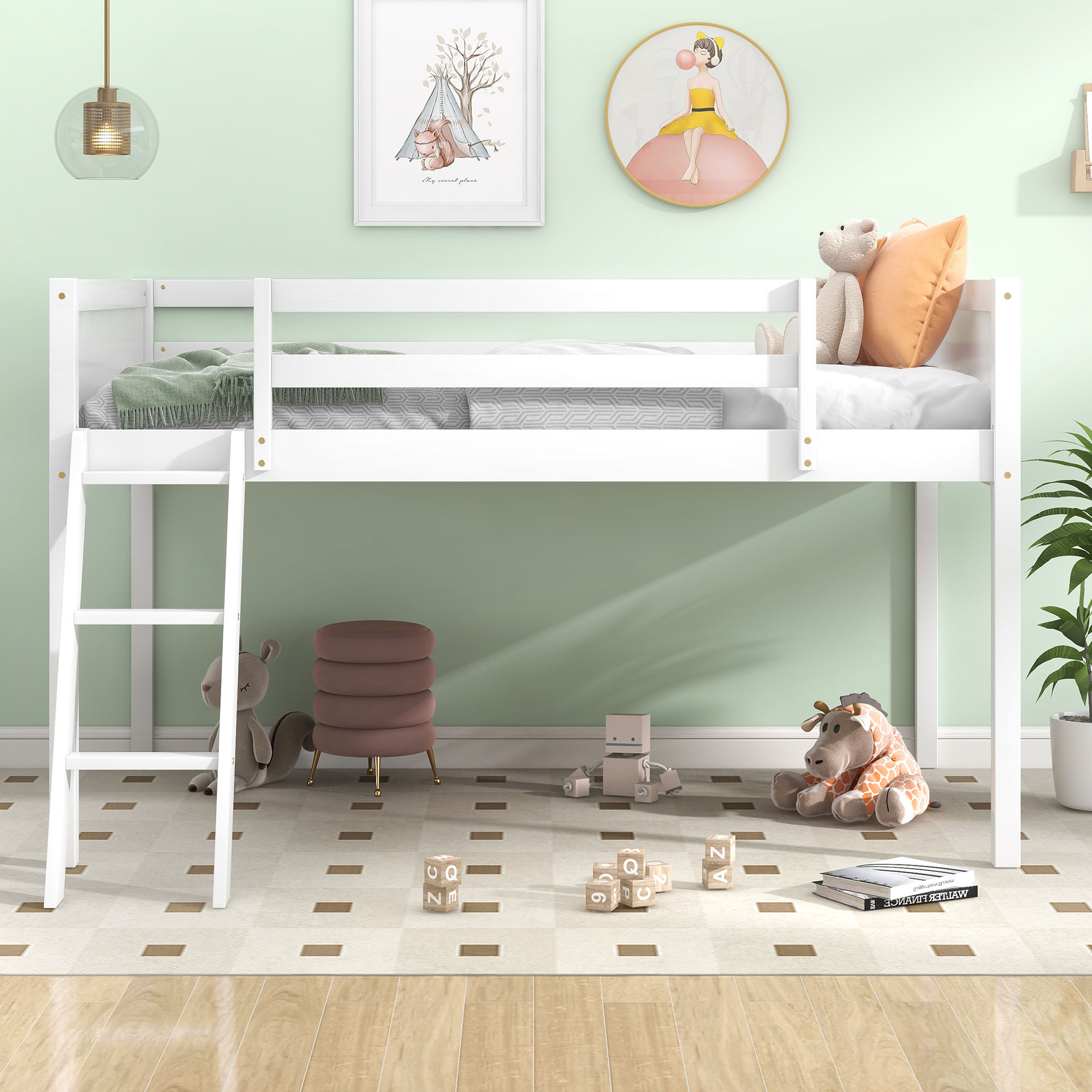 Twin Size Wood Low Loft Bed with Ladder, ladder can be placed on the left or right, Gray/White 