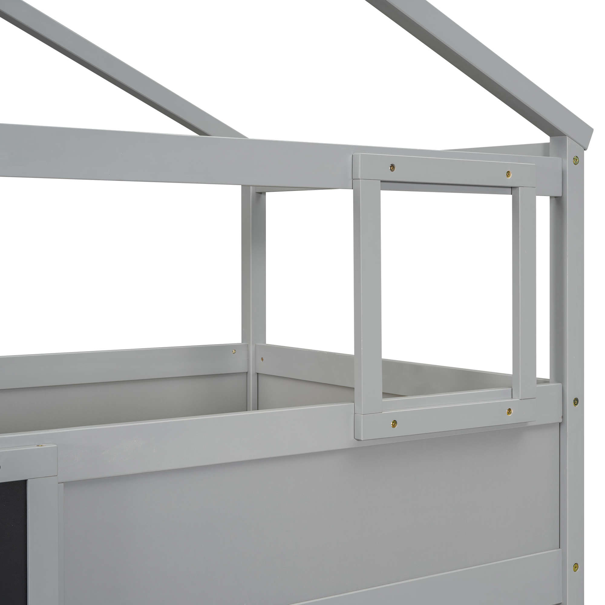 Twin over Full House Bunk Bed with Storage Staircase and Blackboard,Gray/White