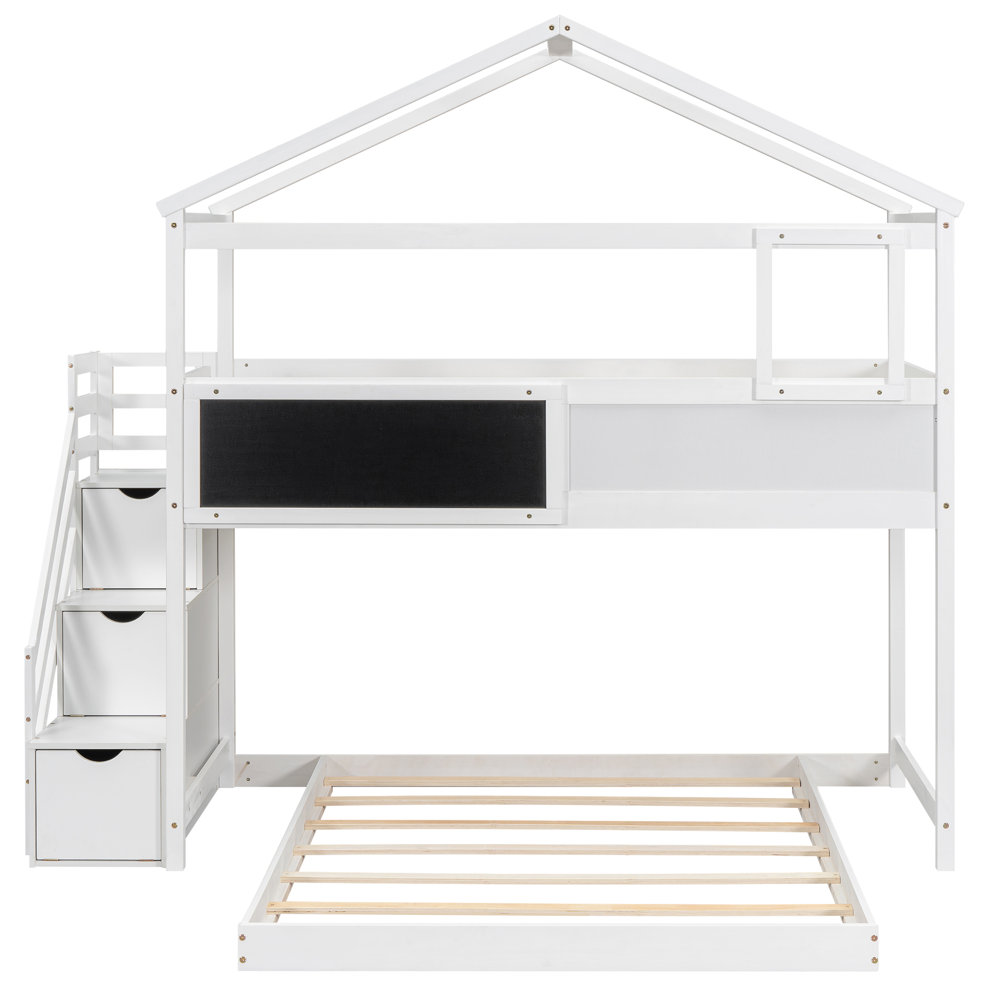 Twin over Full House Bunk Bed with Storage Staircase and Blackboard,Gray/White