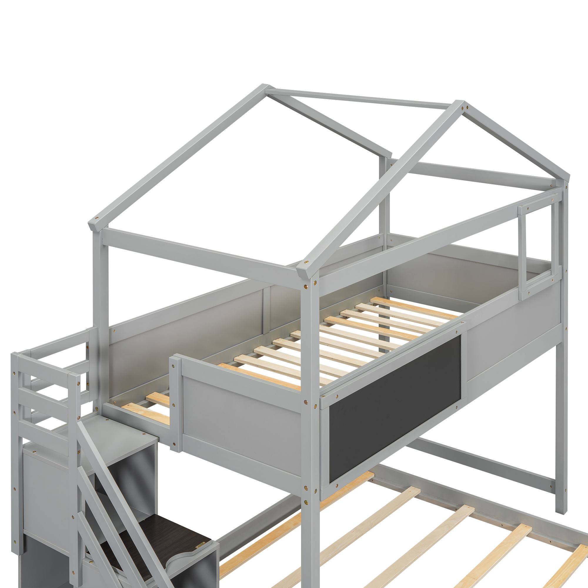 Twin over Full House Bunk Bed with Storage Staircase and Blackboard,Gray/White