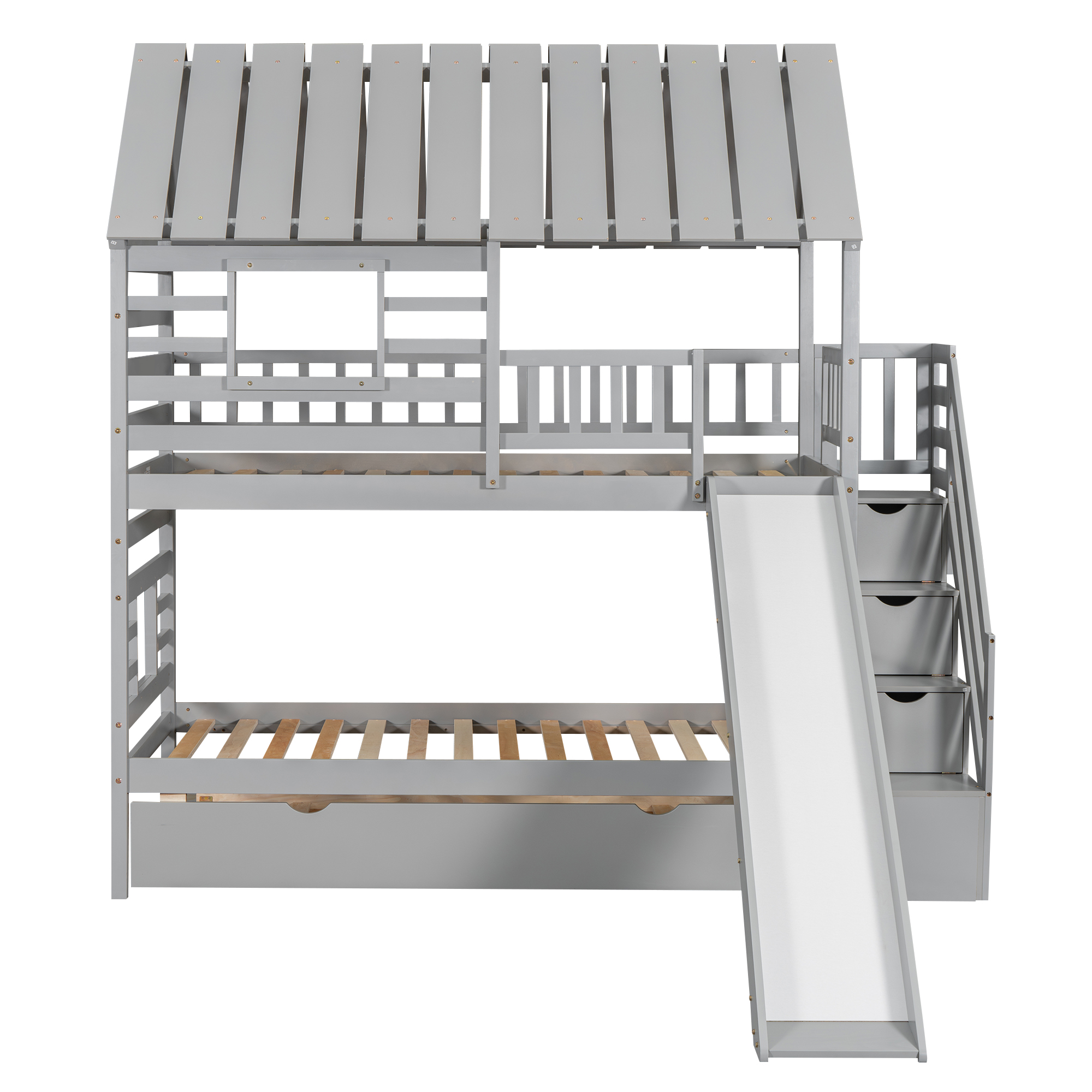 Twin over Twin House Bunk Bed with Trundle and Slide, Storage Staircase, Roof and Window Design, Gray