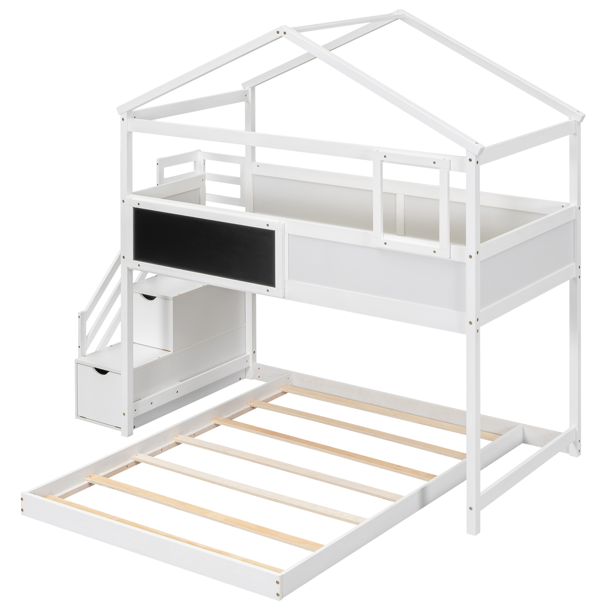 Twin over Full House Bunk Bed with Storage Staircase and Blackboard,Gray/White