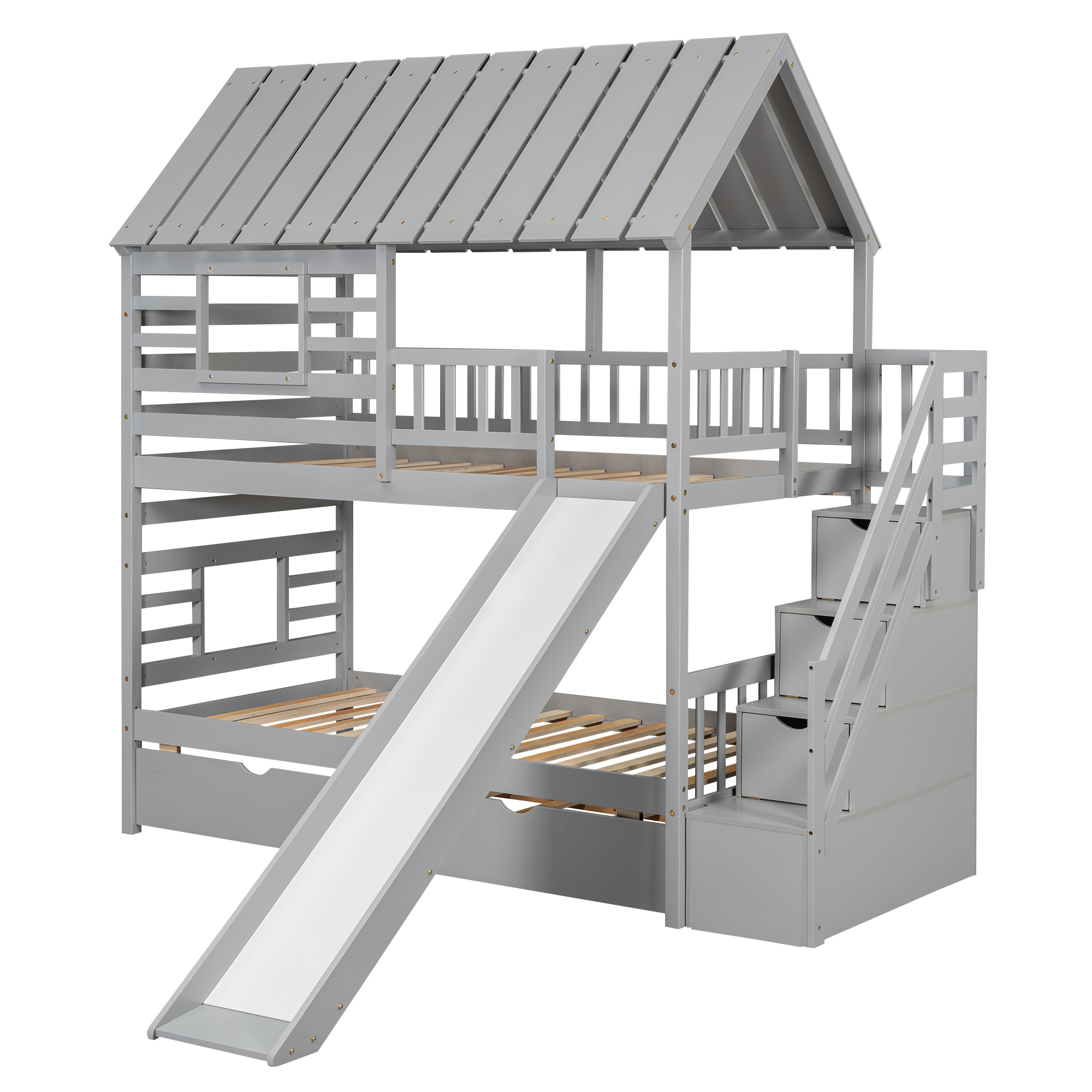 Twin over Twin House Bunk Bed with Trundle and Slide, Storage Staircase, Roof and Window Design, Gray