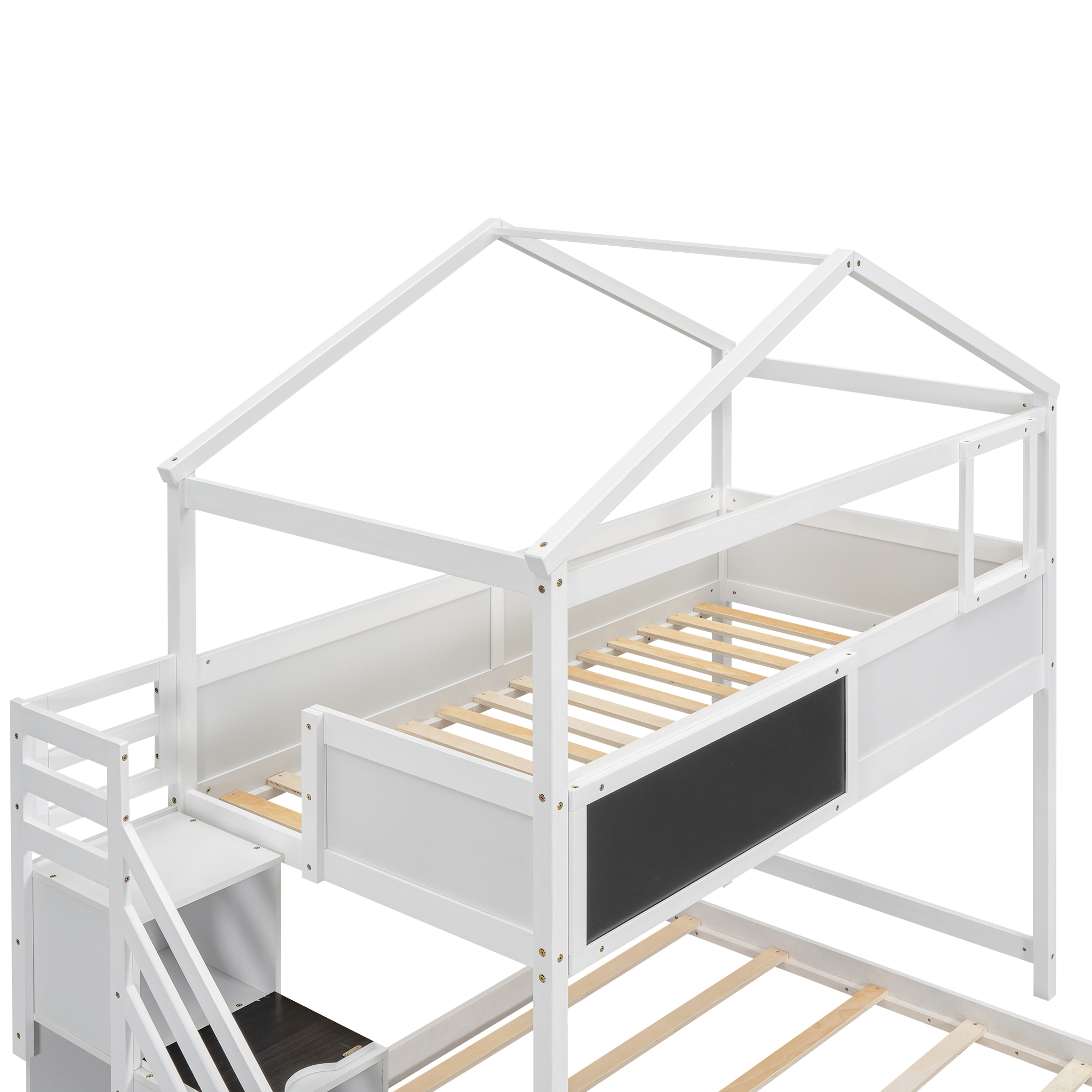 Twin over Full House Bunk Bed with Storage Staircase and Blackboard,Gray/White