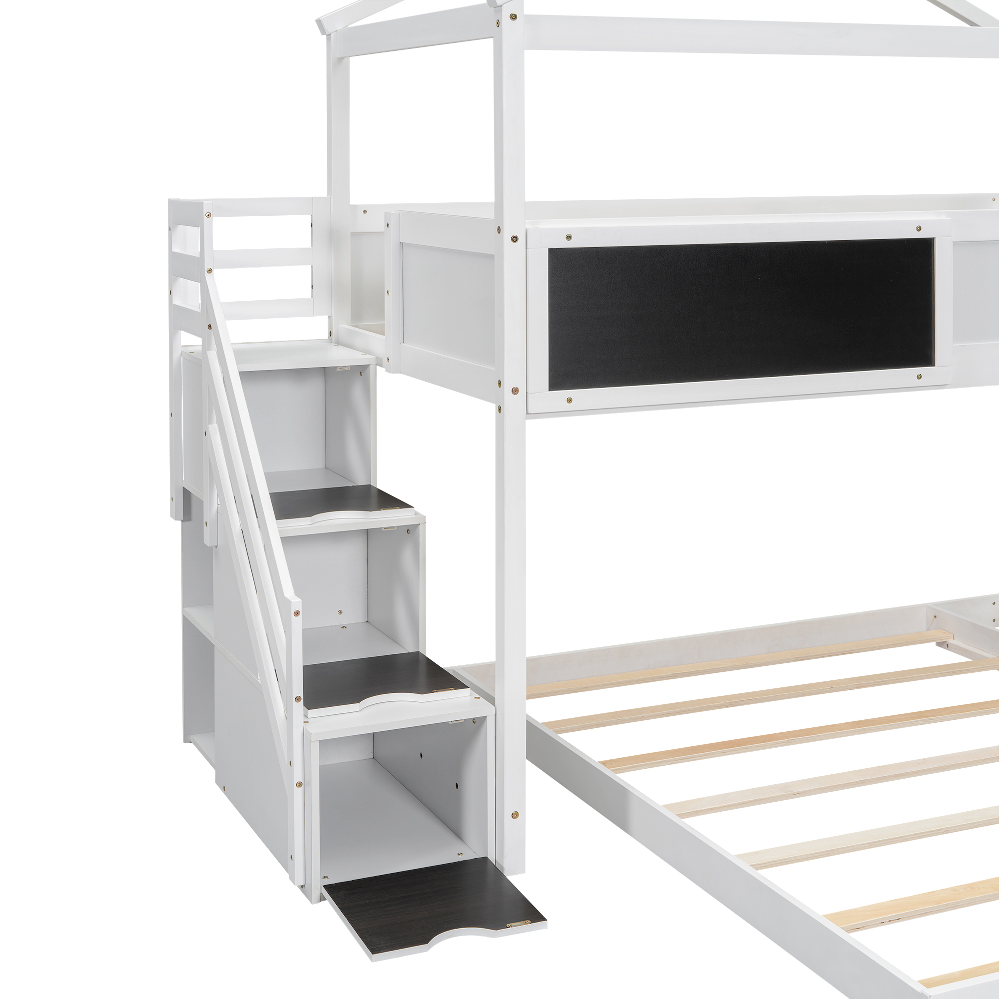 Twin over Full House Bunk Bed with Storage Staircase and Blackboard,Gray/White