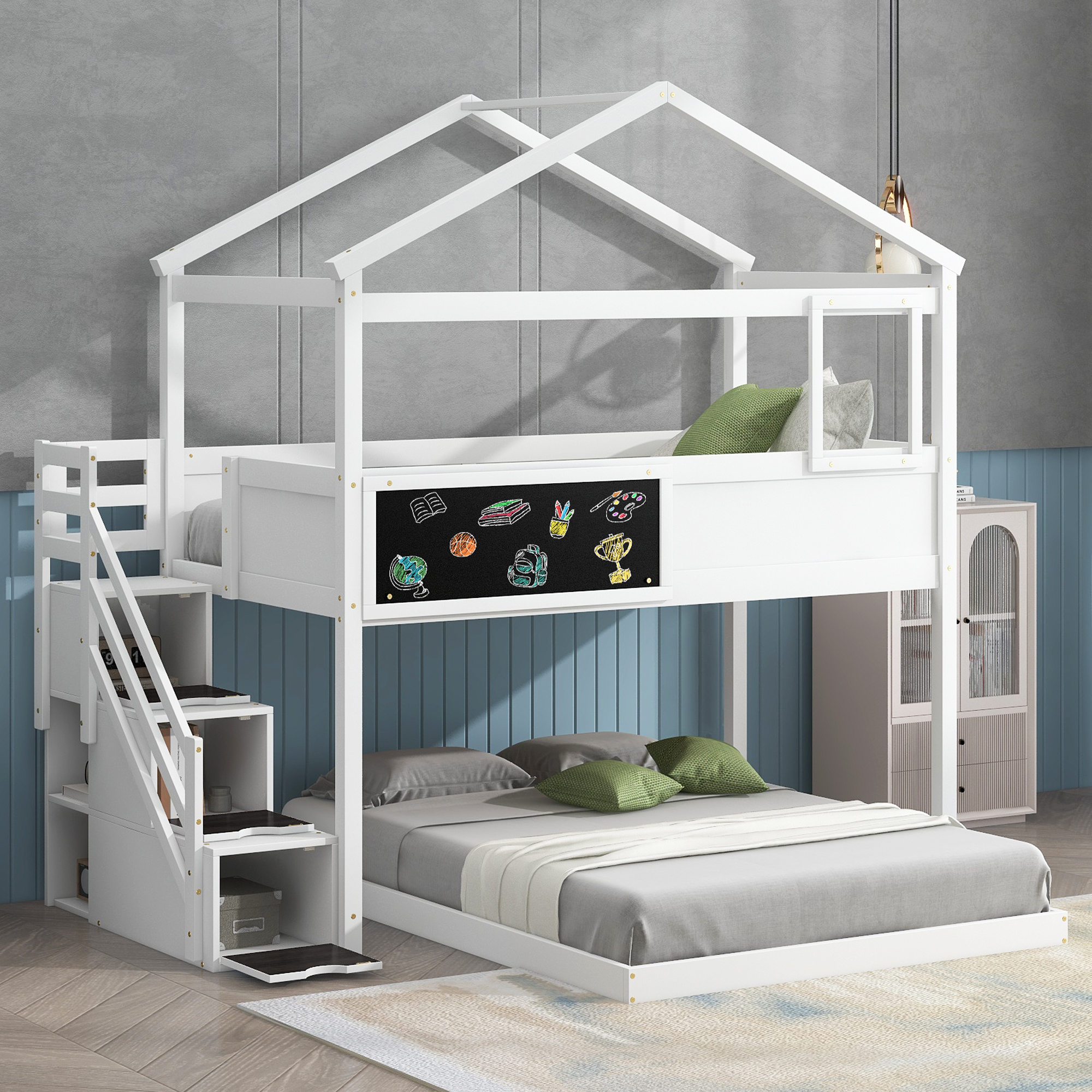 Twin over Full House Bunk Bed with Storage Staircase and Blackboard,Gray/White
