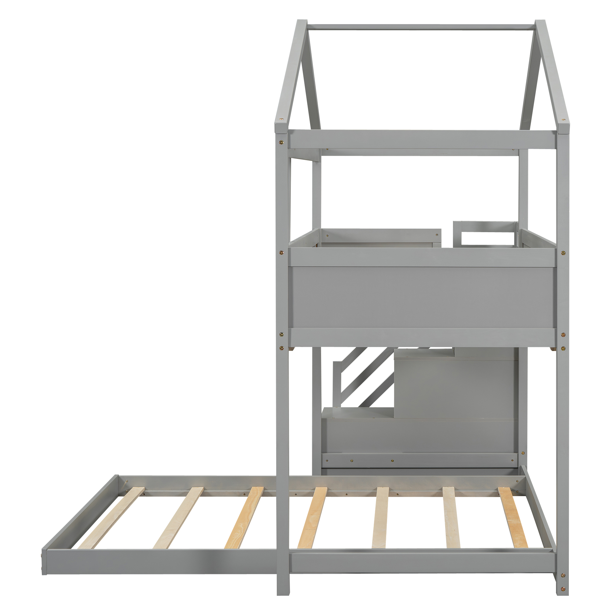 Twin over Full House Bunk Bed with Storage Staircase and Blackboard,Gray/White
