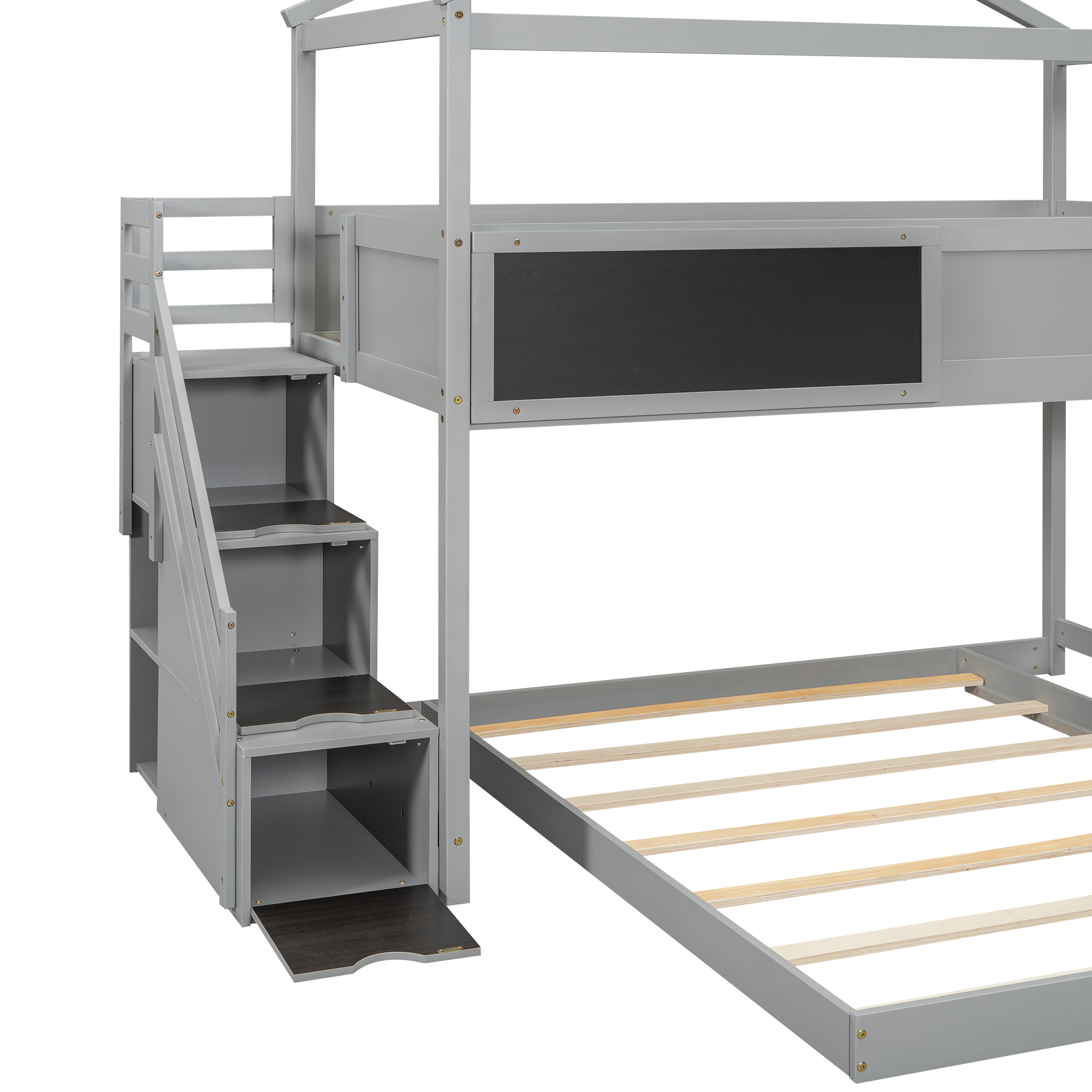 Twin over Full House Bunk Bed with Storage Staircase and Blackboard,Gray/White