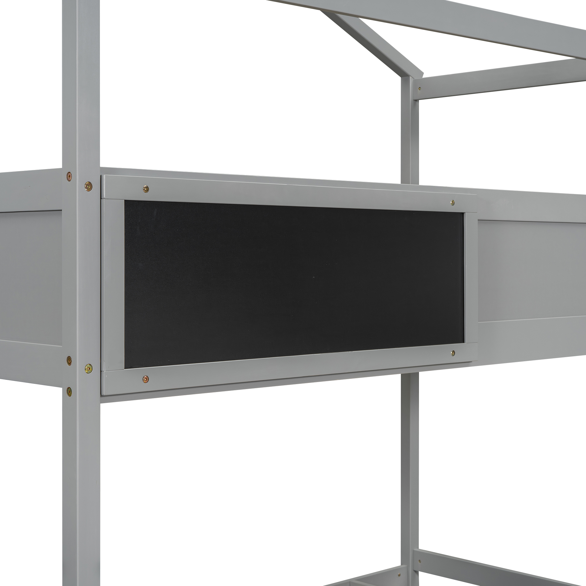 Twin over Full House Bunk Bed with Storage Staircase and Blackboard,Gray/White