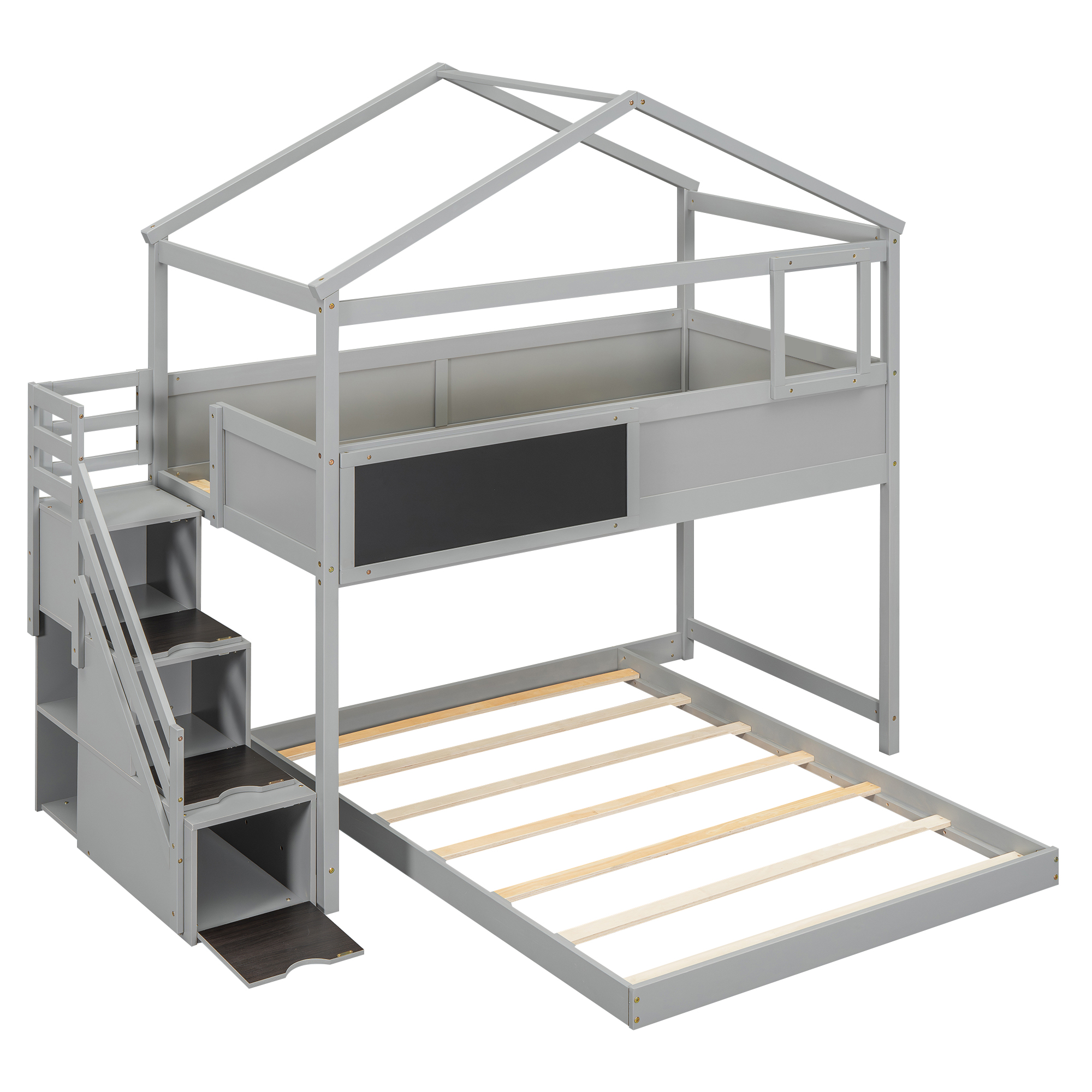 Twin over Full House Bunk Bed with Storage Staircase and Blackboard,Gray/White