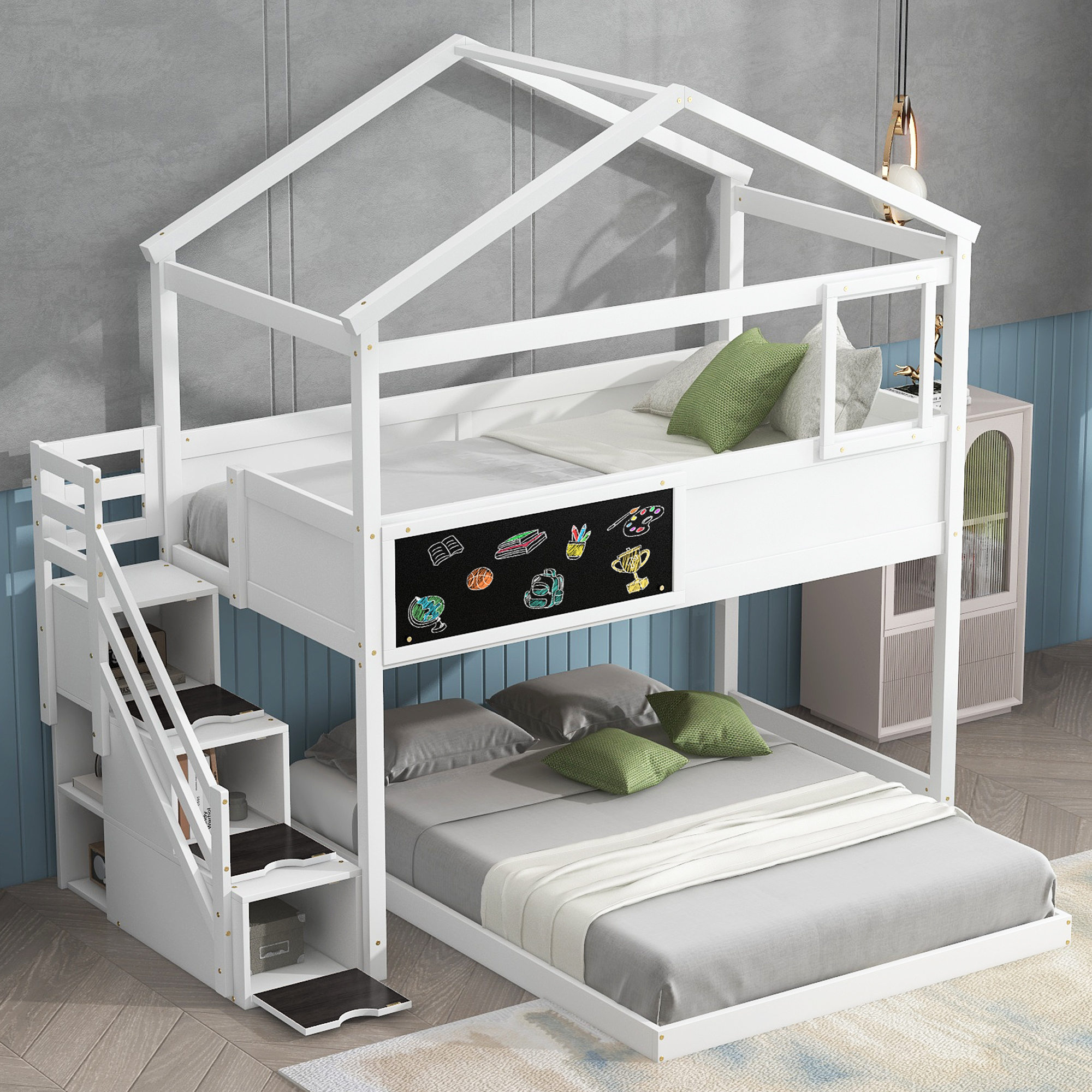 Twin over Full House Bunk Bed with Storage Staircase and Blackboard,Gray/White