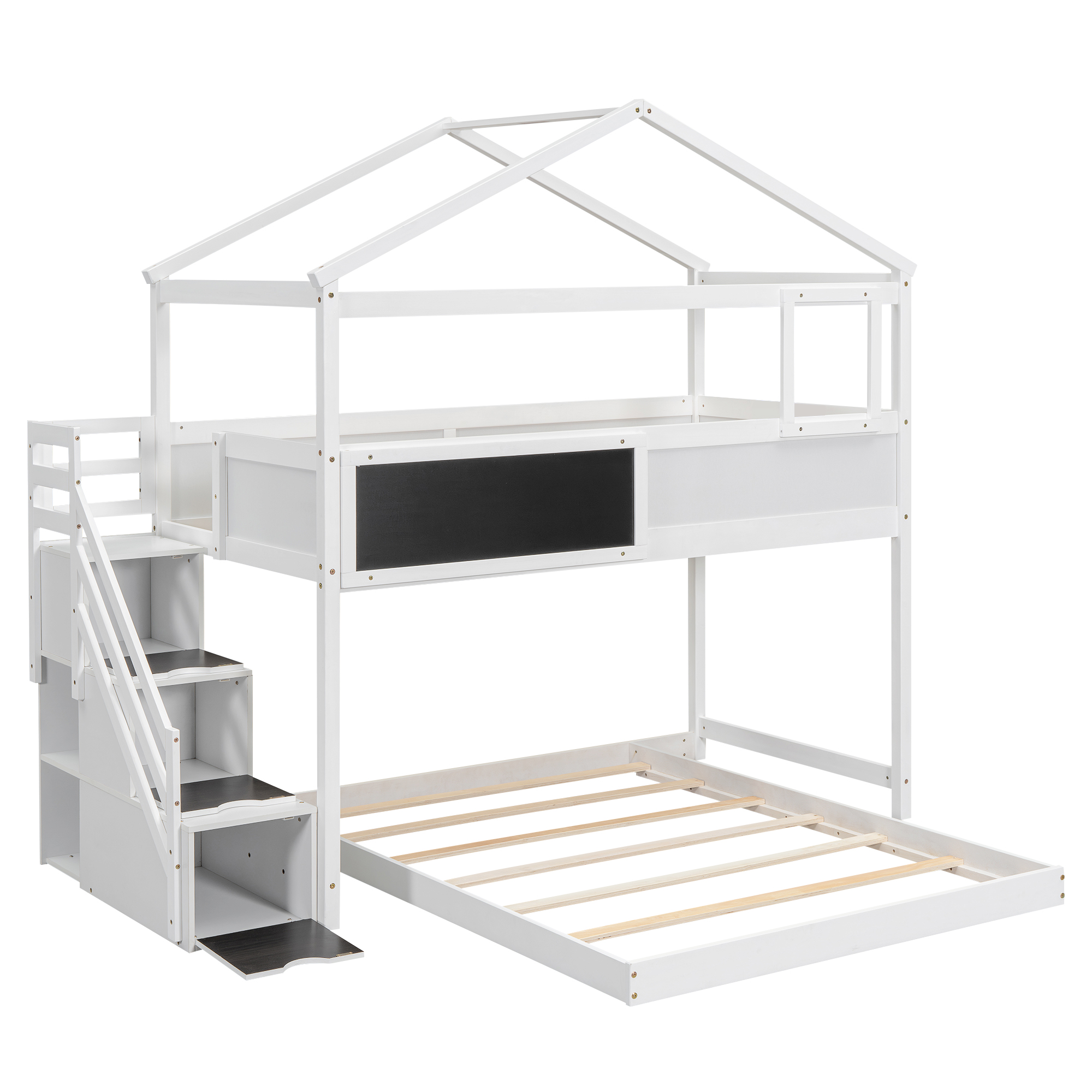 Twin over Full House Bunk Bed with Storage Staircase and Blackboard,Gray/White
