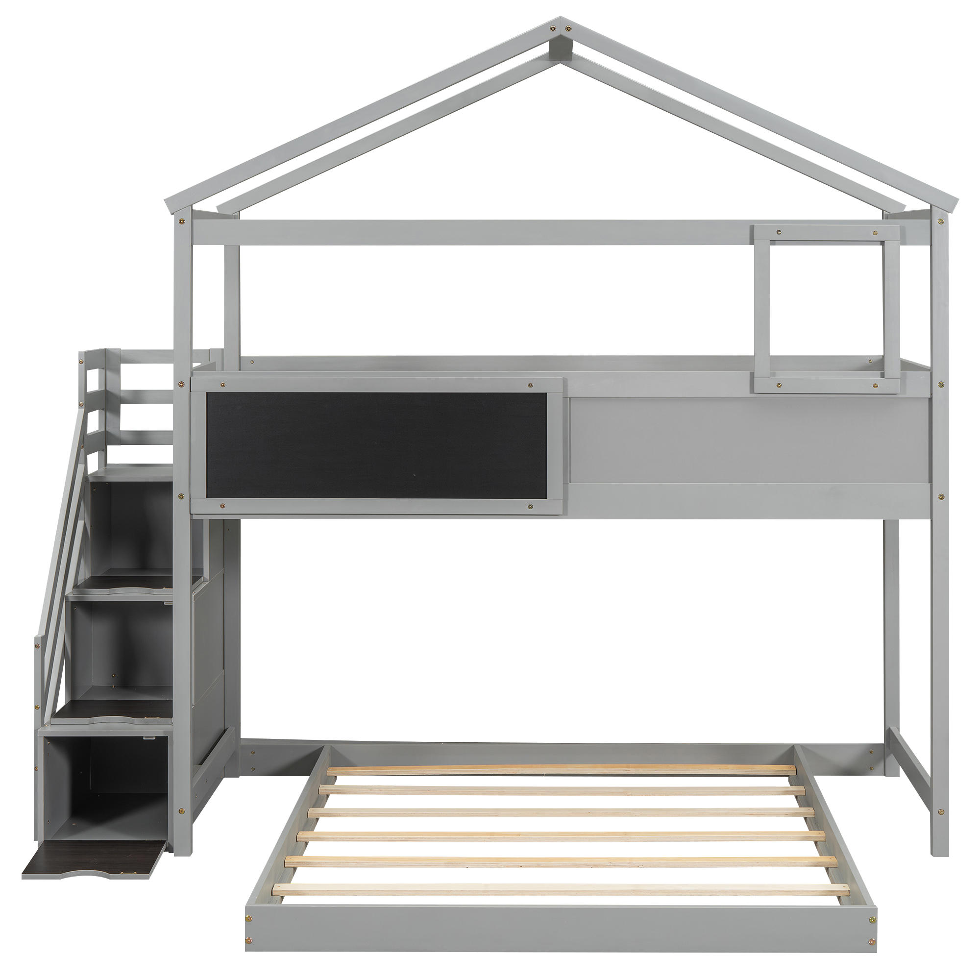 Twin over Full House Bunk Bed with Storage Staircase and Blackboard,Gray/White