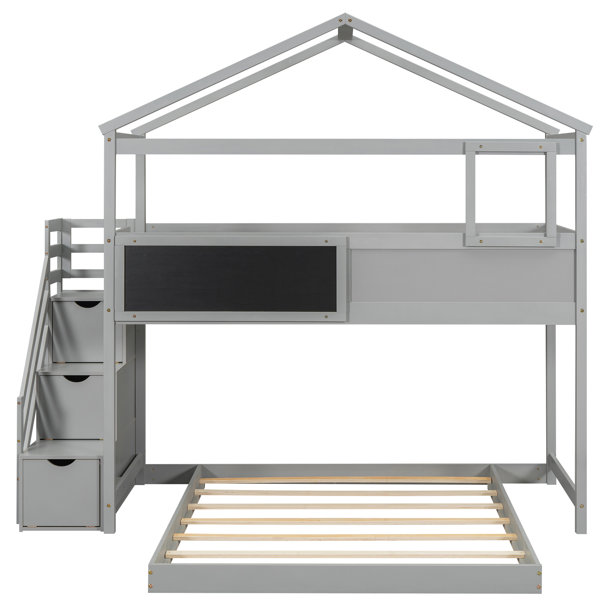 Twin over Full House Bunk Bed with Storage Staircase and Blackboard,Gray/White
