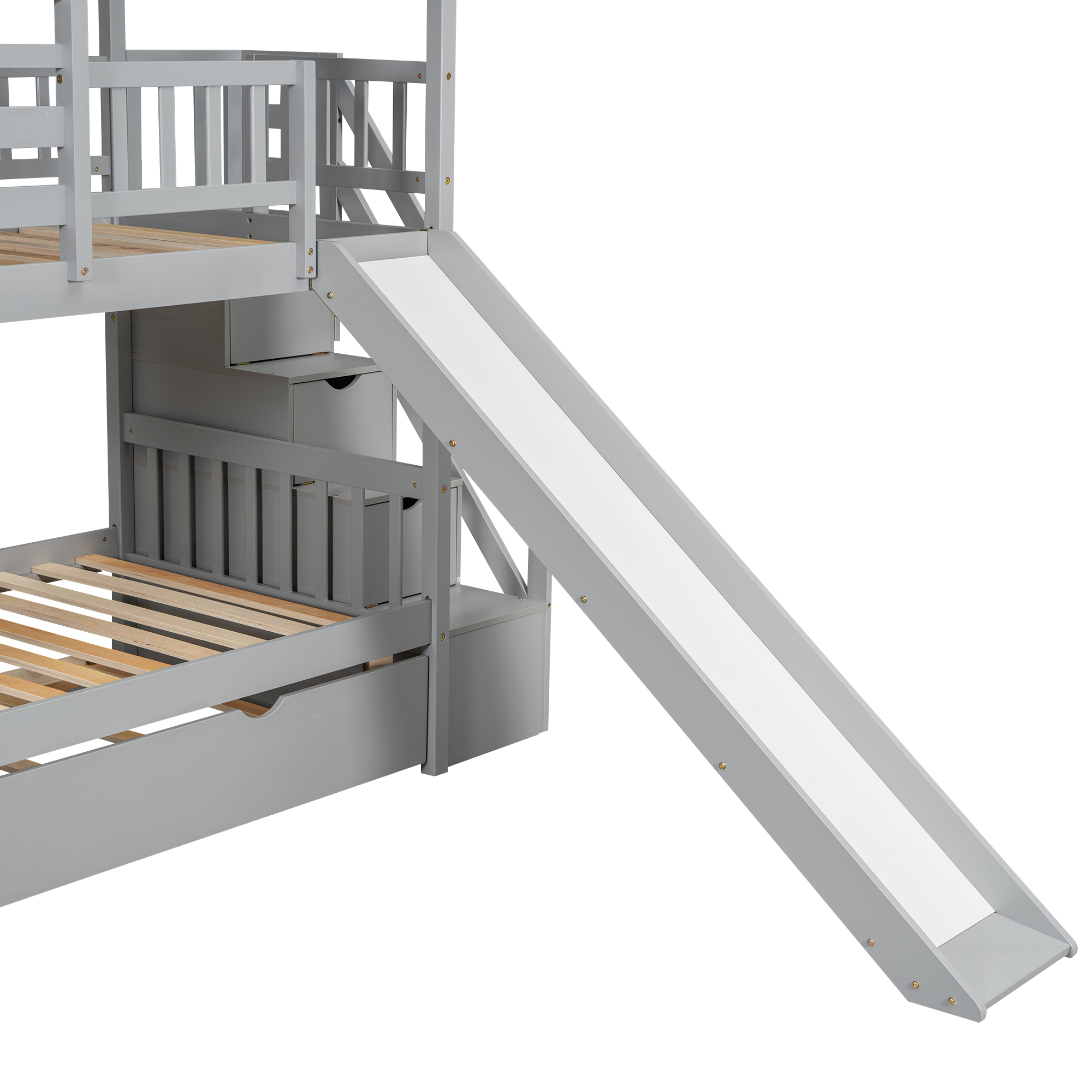 Twin over Twin House Bunk Bed with Trundle and Slide, Storage Staircase, Roof and Window Design, Gray