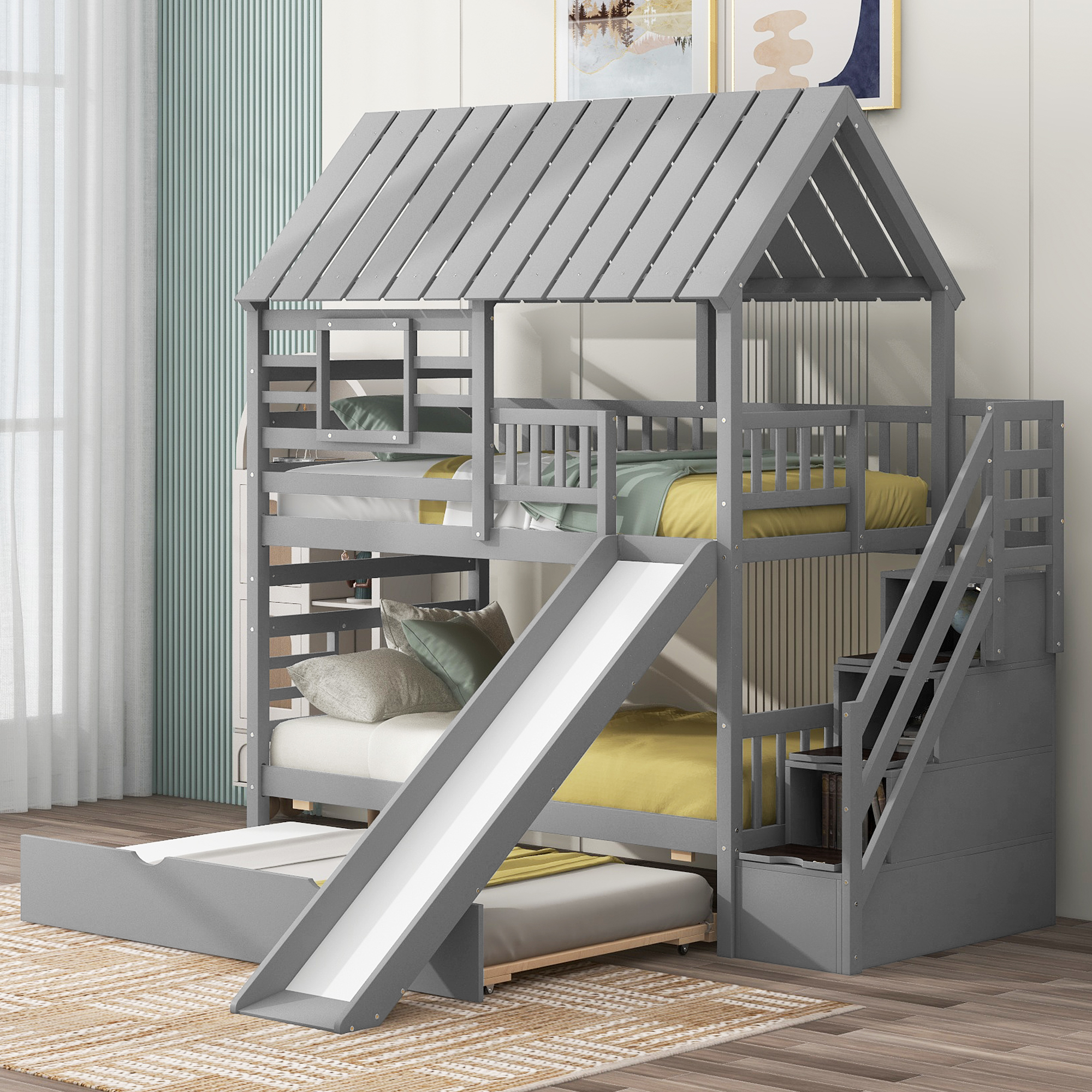 Twin over Twin House Bunk Bed with Trundle and Slide, Storage Staircase, Roof and Window Design, Gray