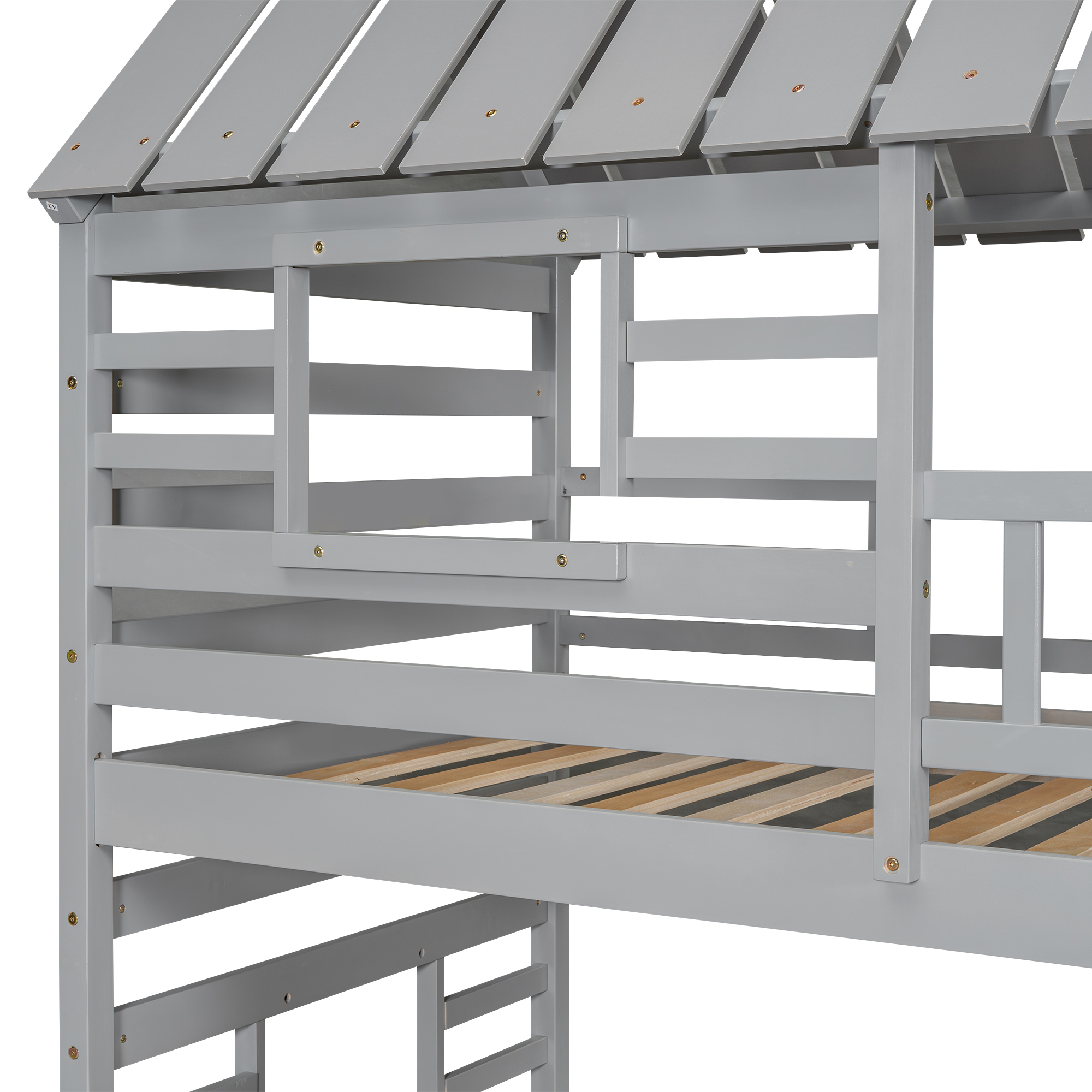 Twin over Twin House Bunk Bed with Trundle and Slide, Storage Staircase, Roof and Window Design, Gray