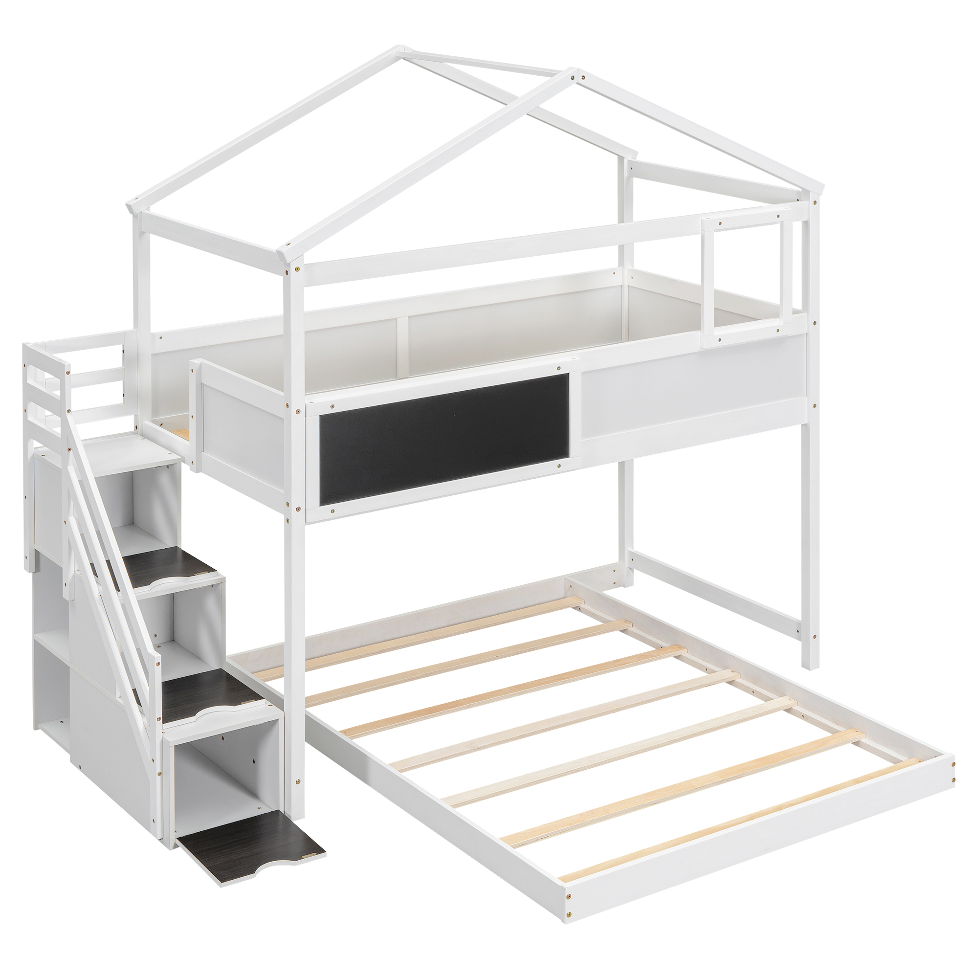 Twin over Full House Bunk Bed with Storage Staircase and Blackboard,Gray/White