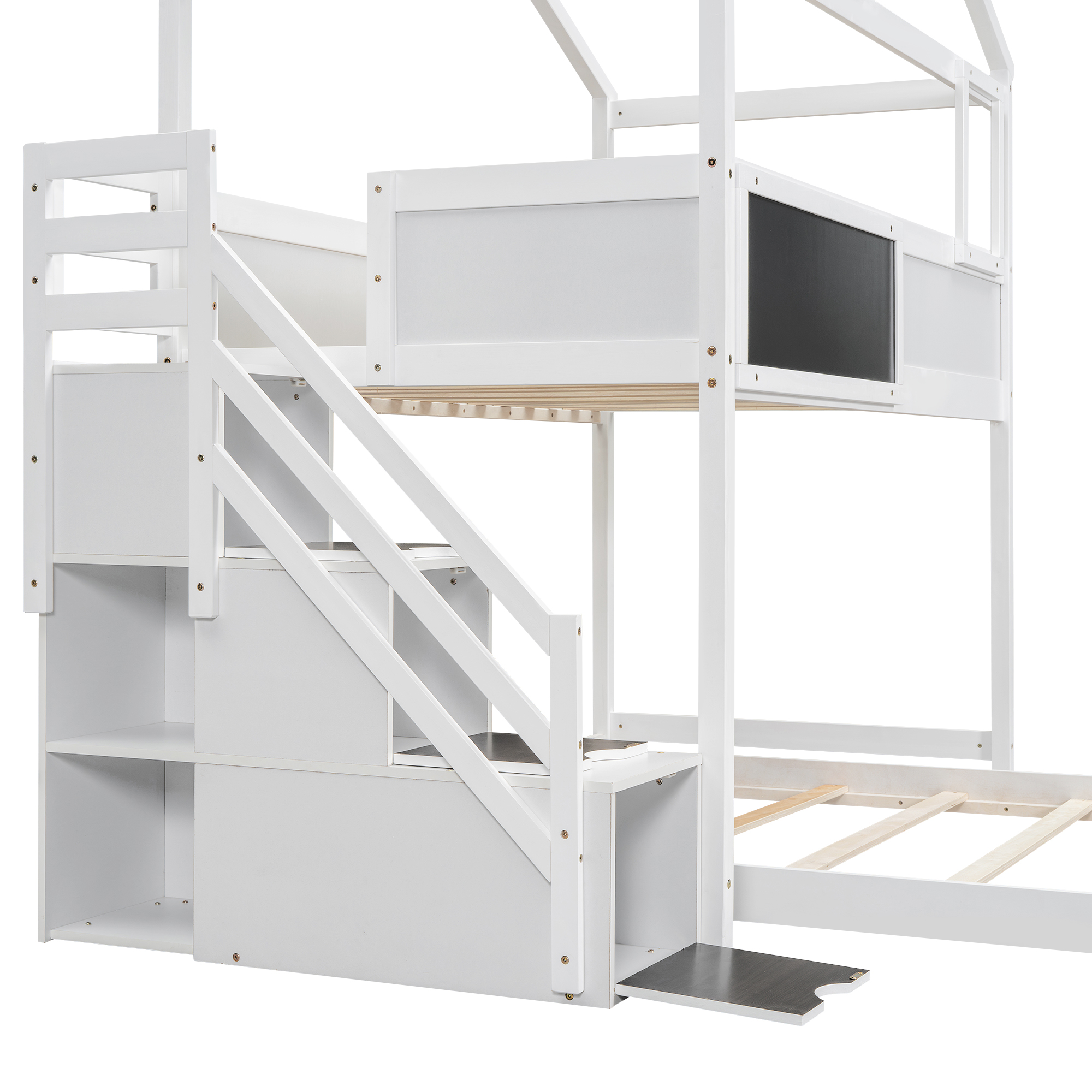 Twin over Full House Bunk Bed with Storage Staircase and Blackboard,Gray/White