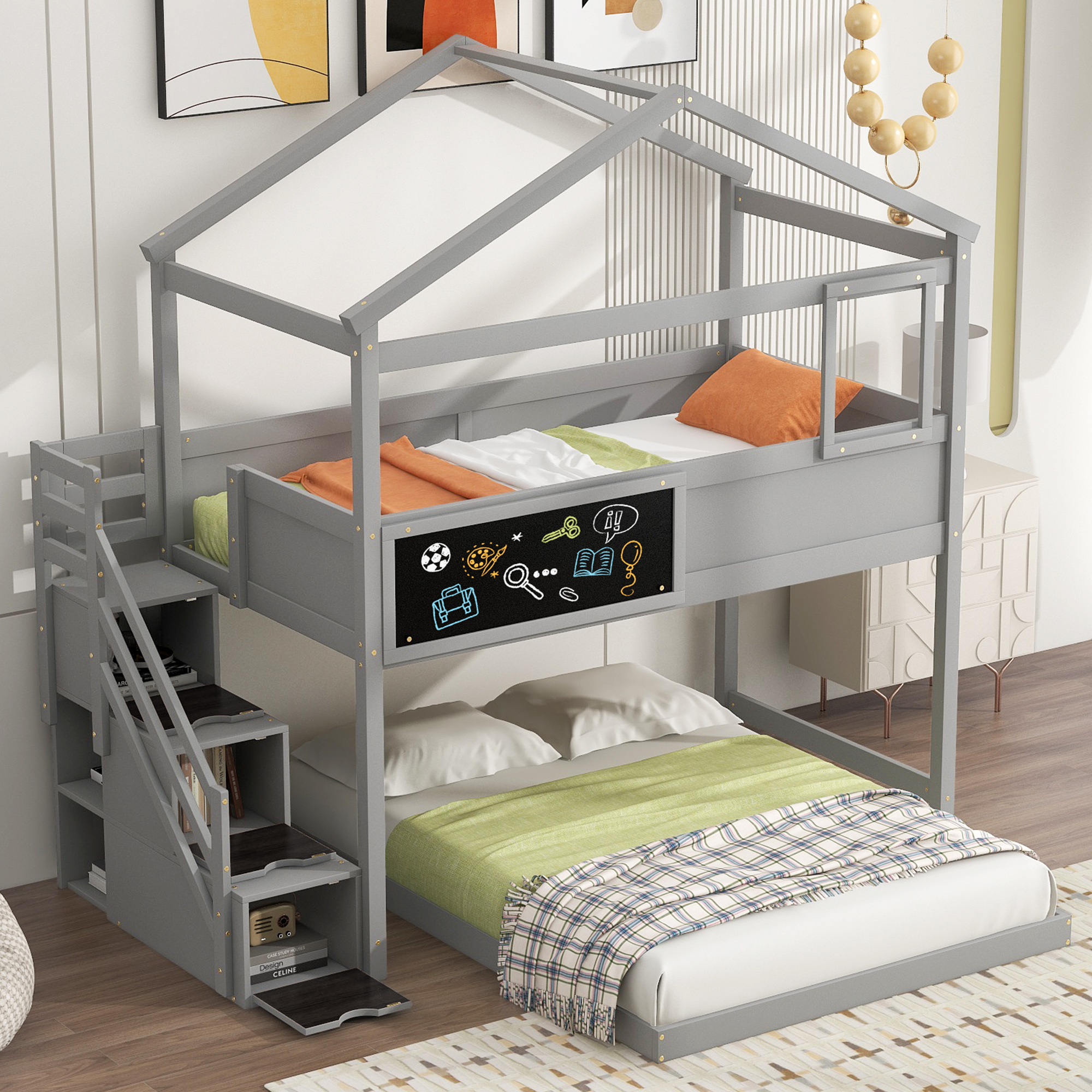 Twin over Full House Bunk Bed with Storage Staircase and Blackboard,Gray/White