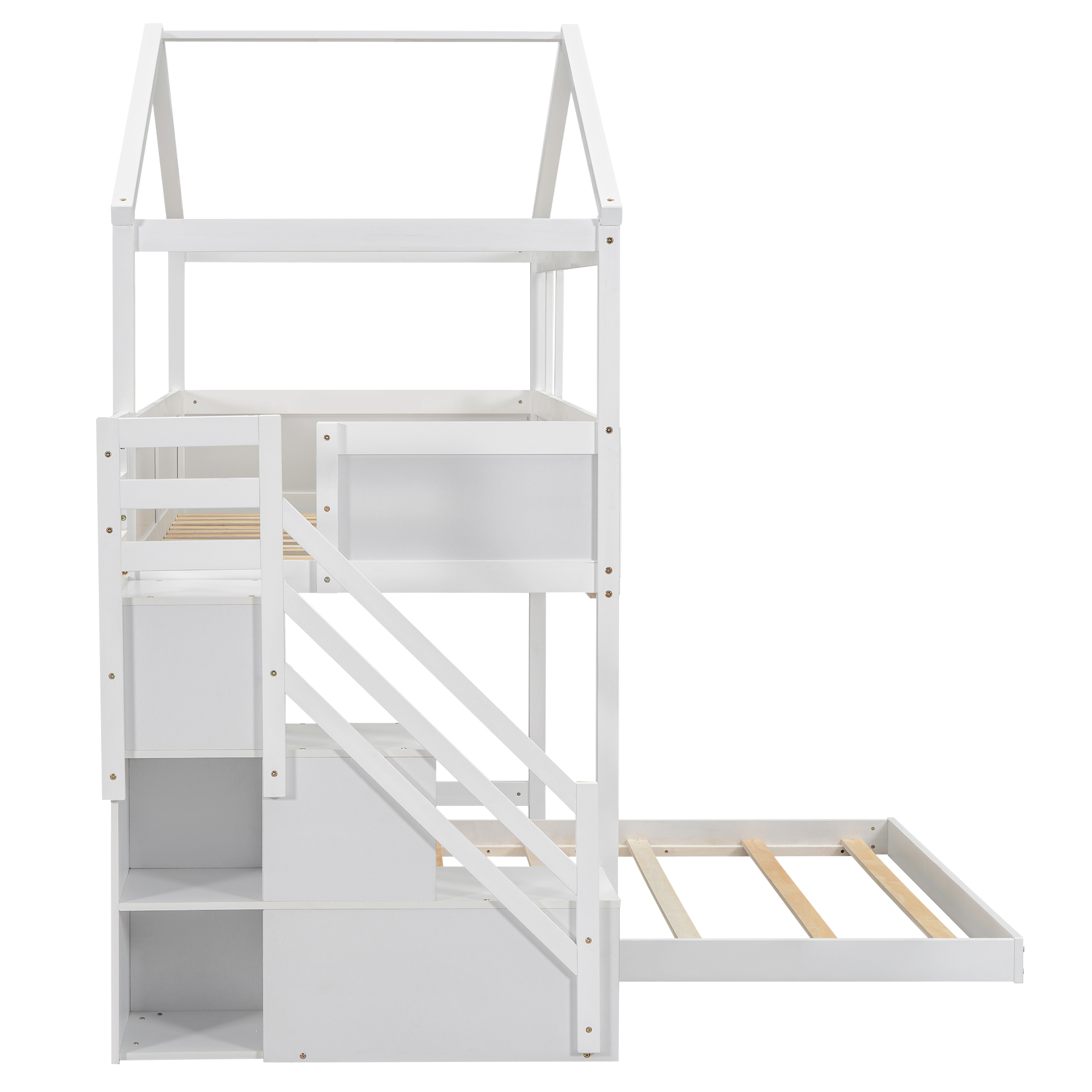 Twin over Full House Bunk Bed with Storage Staircase and Blackboard,Gray/White