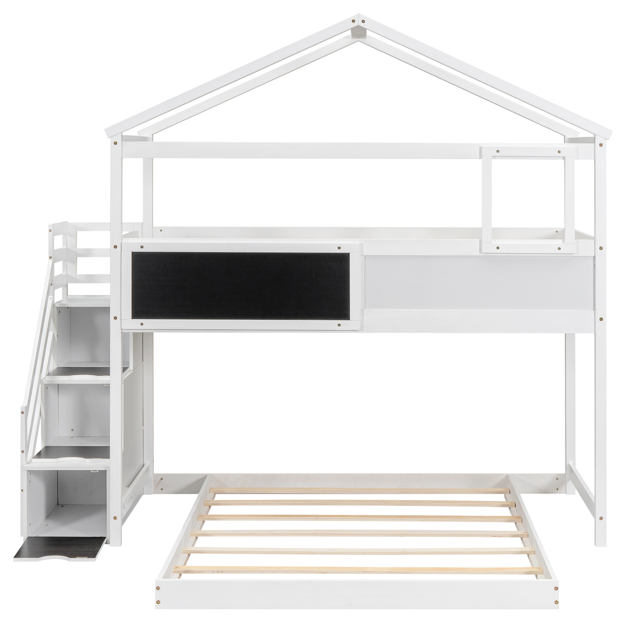 Twin over Full House Bunk Bed with Storage Staircase and Blackboard,Gray/White
