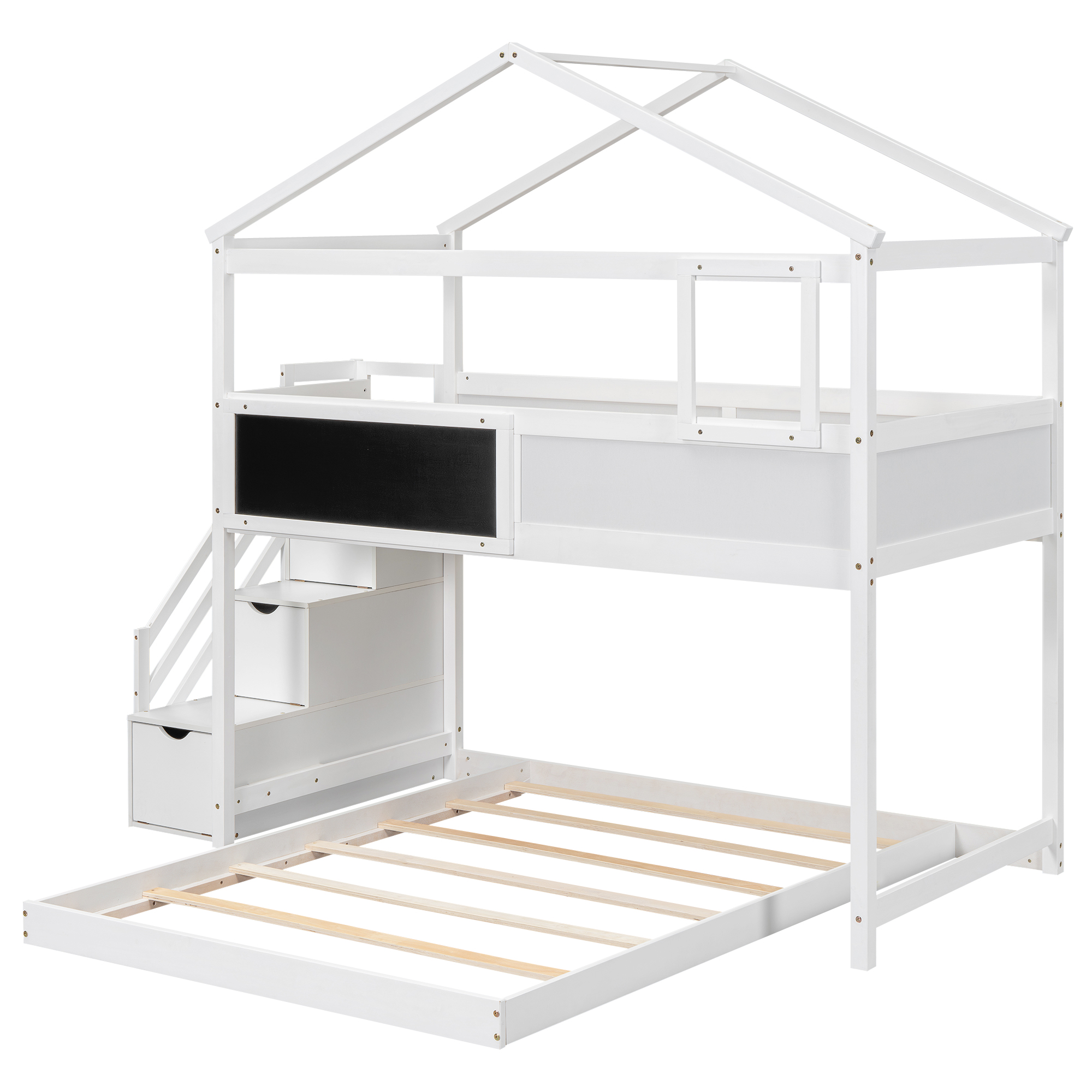 Twin over Full House Bunk Bed with Storage Staircase and Blackboard,Gray/White