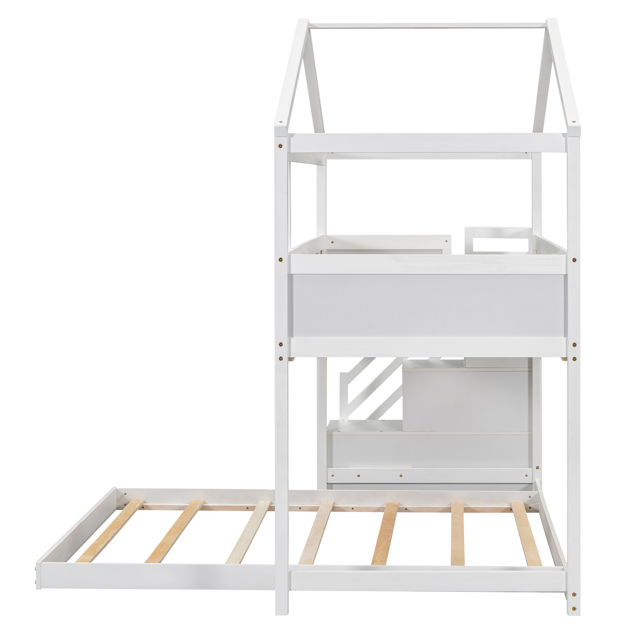 Twin over Full House Bunk Bed with Storage Staircase and Blackboard,Gray/White
