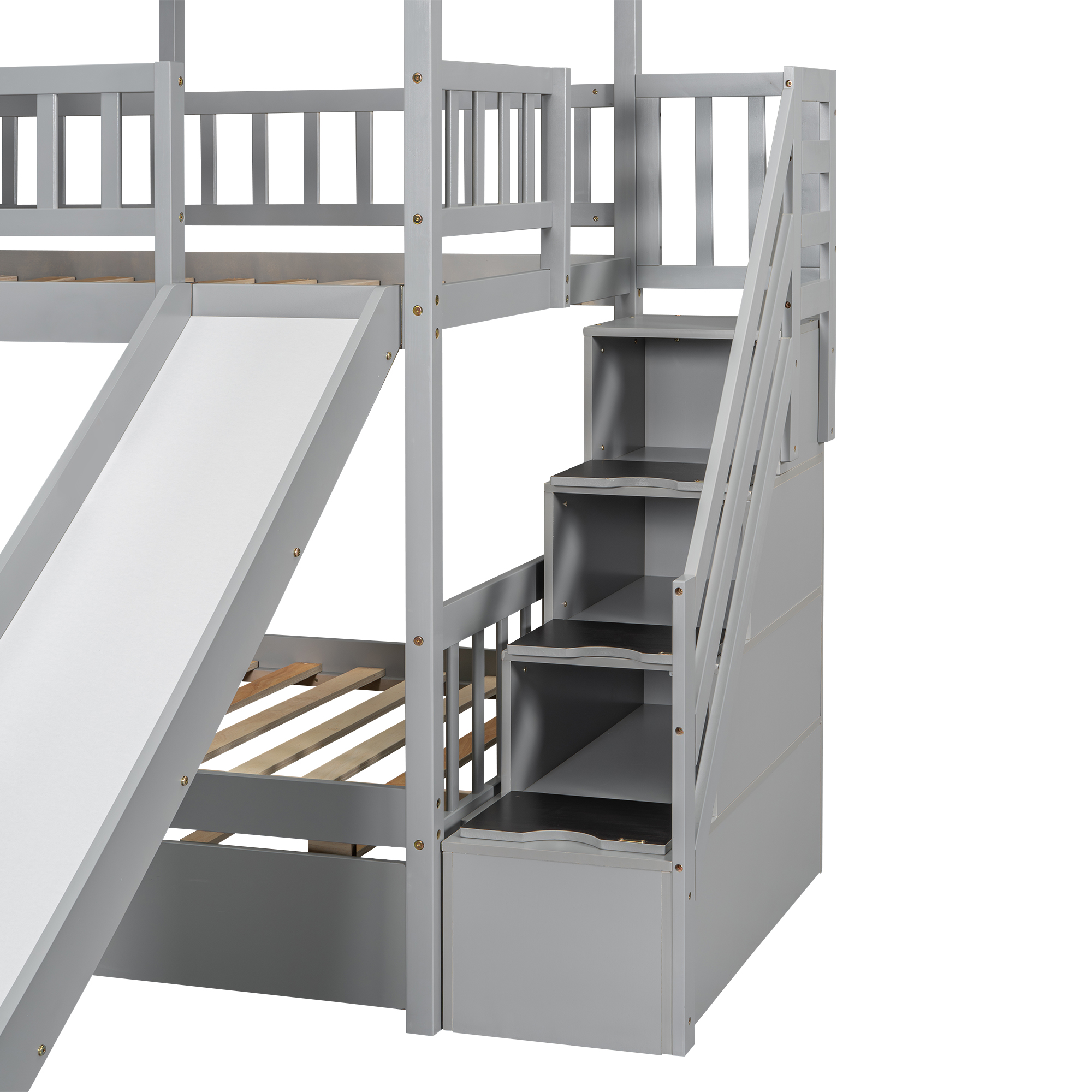 Twin over Twin House Bunk Bed with Trundle and Slide, Storage Staircase, Roof and Window Design, Gray